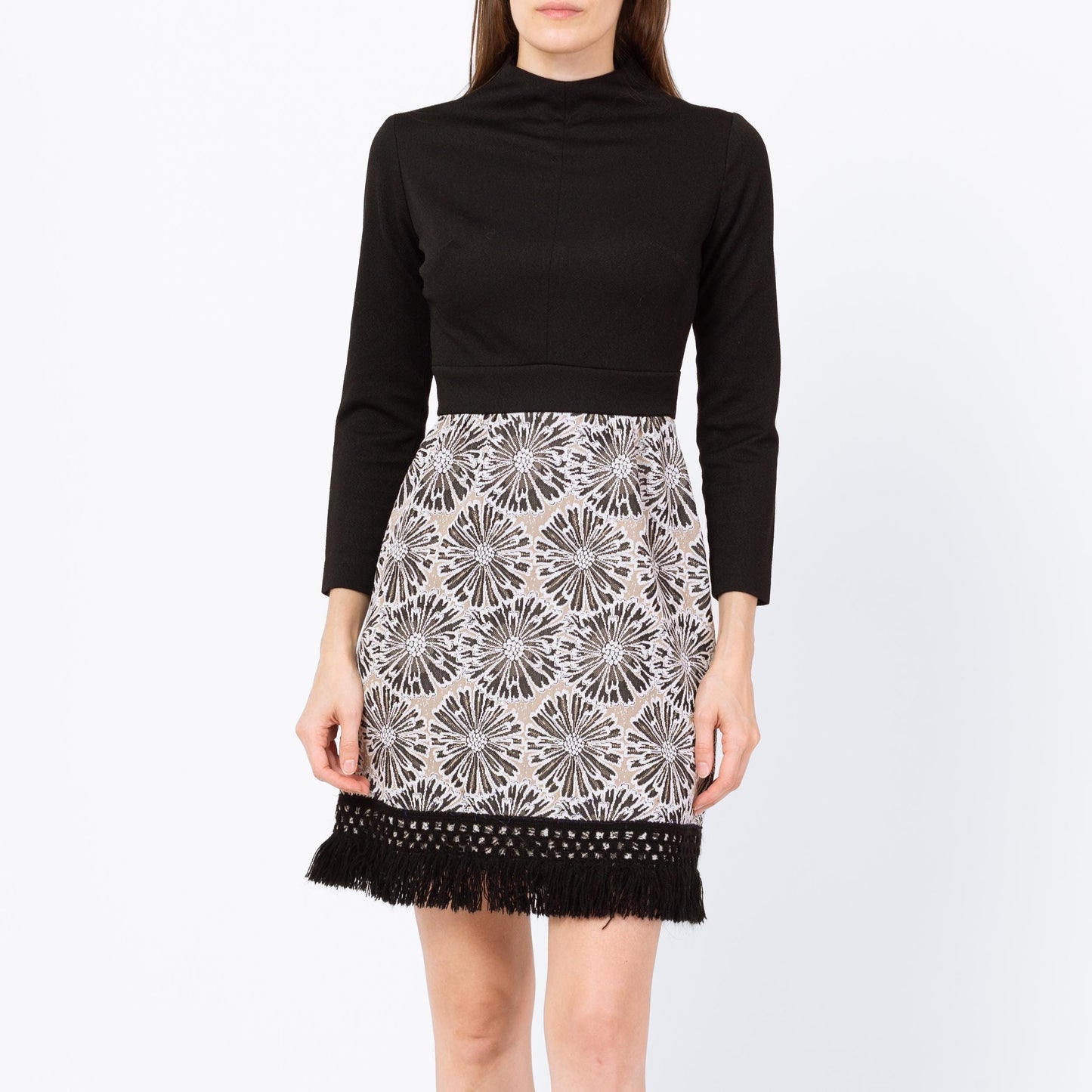 Vintage 60s Mod Black Floral Fringe Mini Dress - Extra Small | Retro Mockneck Long Sleeve A Line Dress