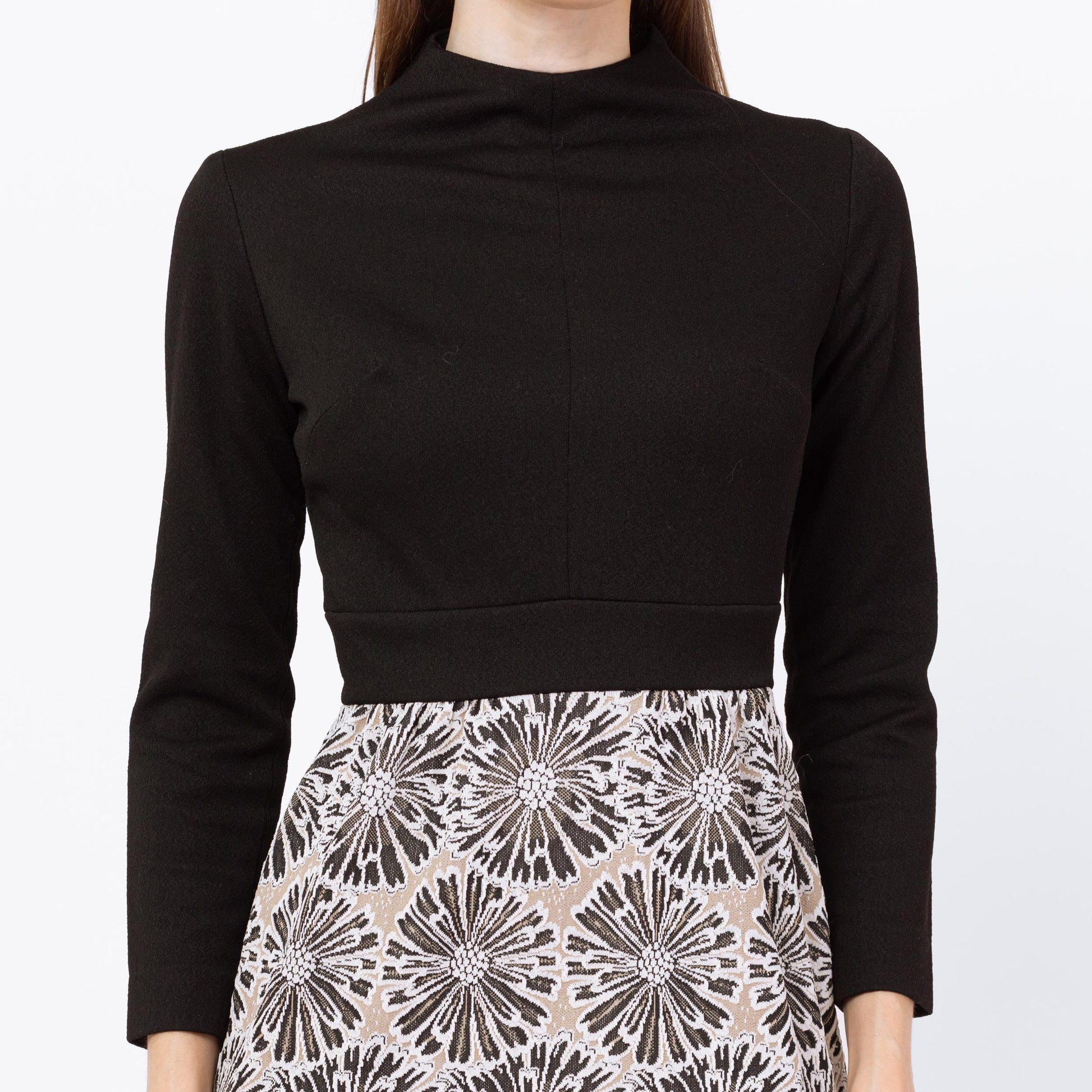 Vintage 60s Mod Black Floral Fringe Mini Dress - Extra Small | Retro Mockneck Long Sleeve A Line Dress