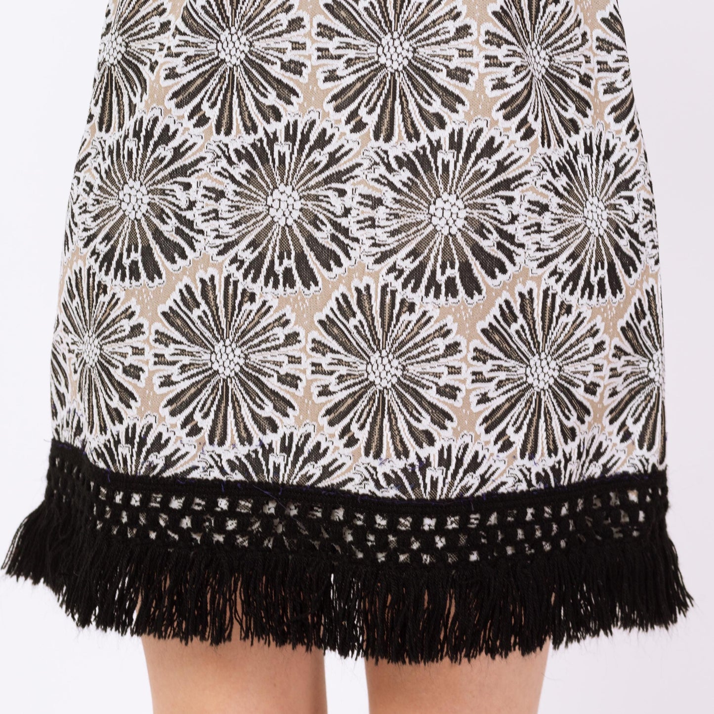 Vintage 60s Mod Black Floral Fringe Mini Dress - Extra Small | Retro Mockneck Long Sleeve A Line Dress