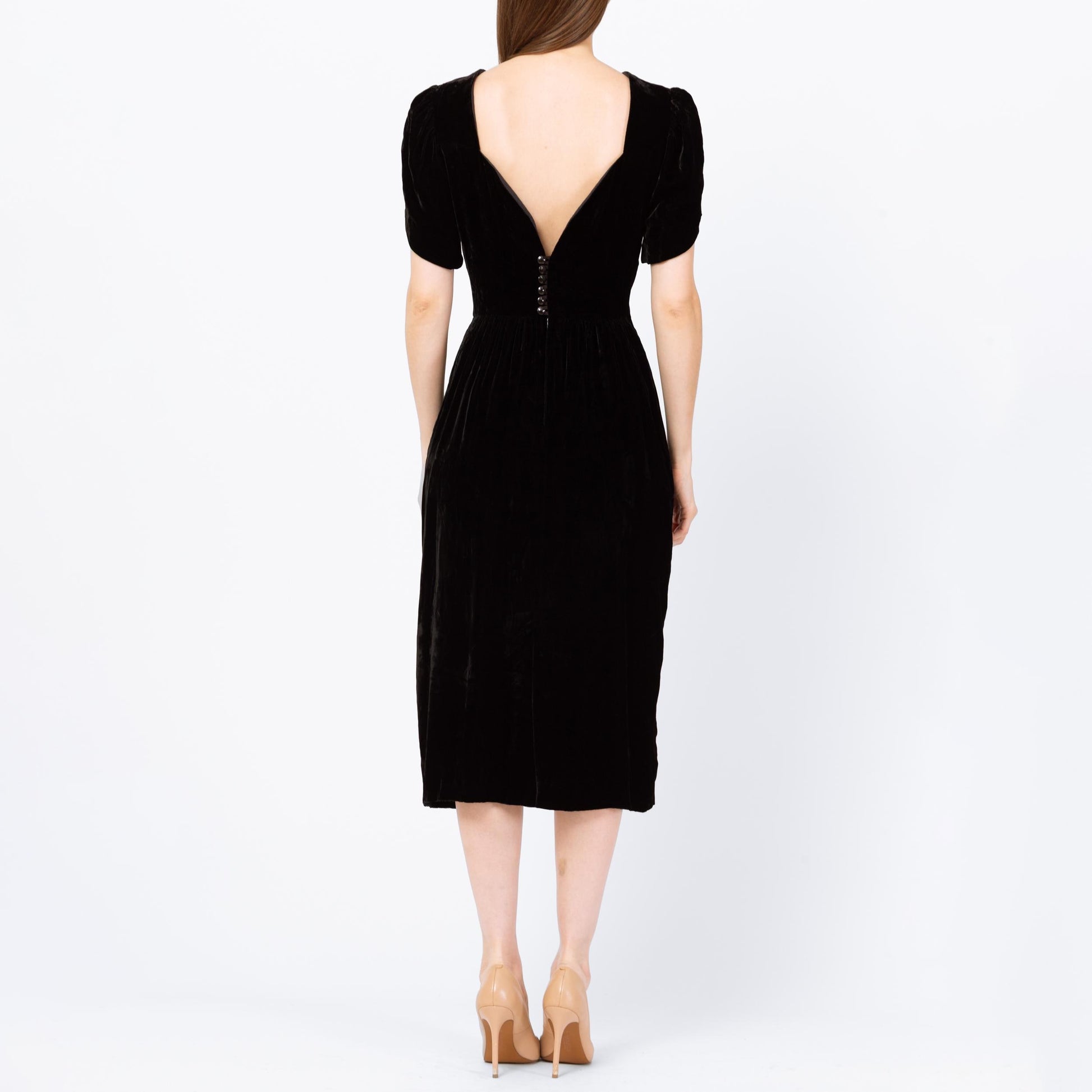 Vintage 80s Does 40s Black Velvet Low Back Midi Dress - Small | Lanz Originals Short Puff Sleeve Wiggle Dress