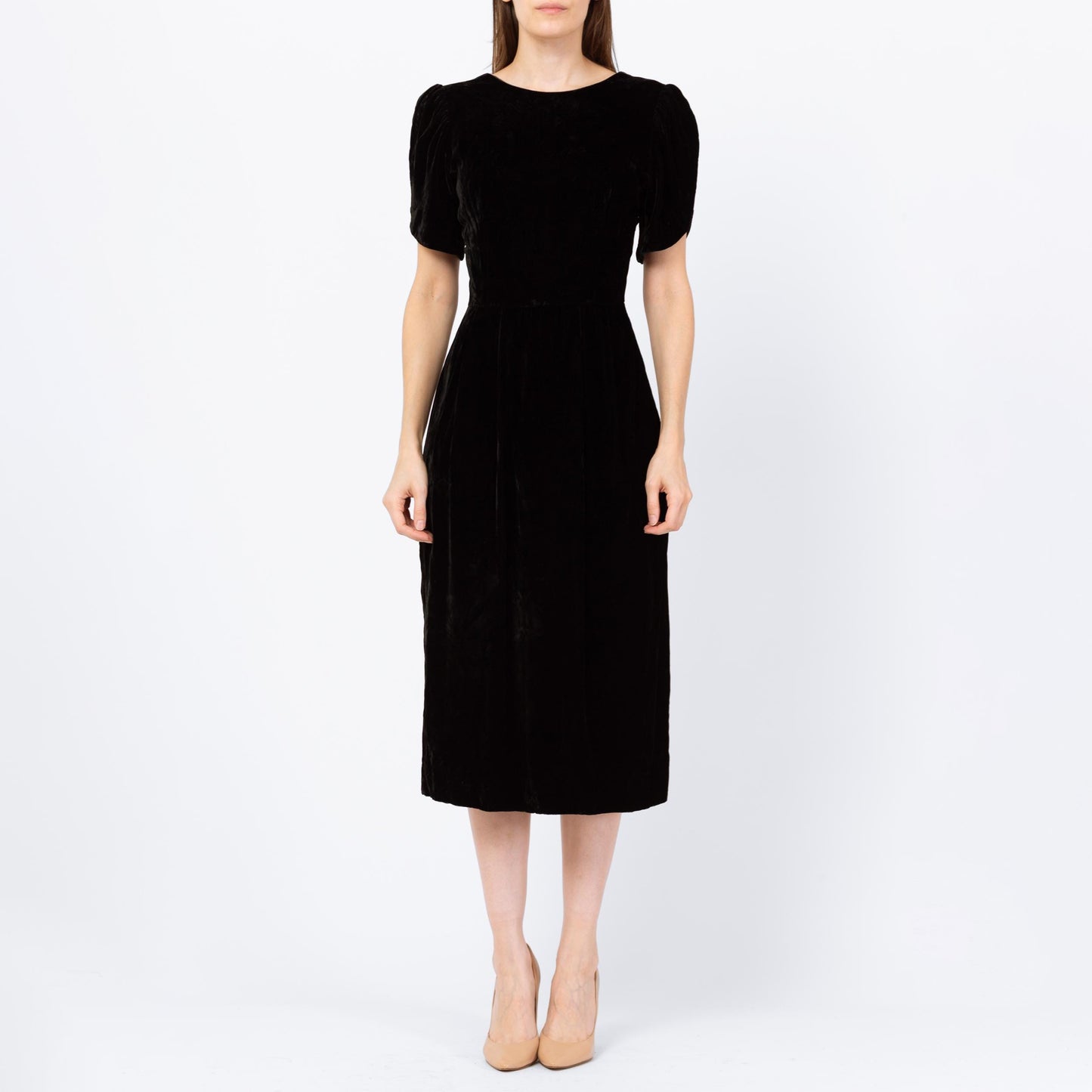 Vintage 80s Does 40s Black Velvet Low Back Midi Dress - Small | Lanz Originals Short Puff Sleeve Wiggle Dress