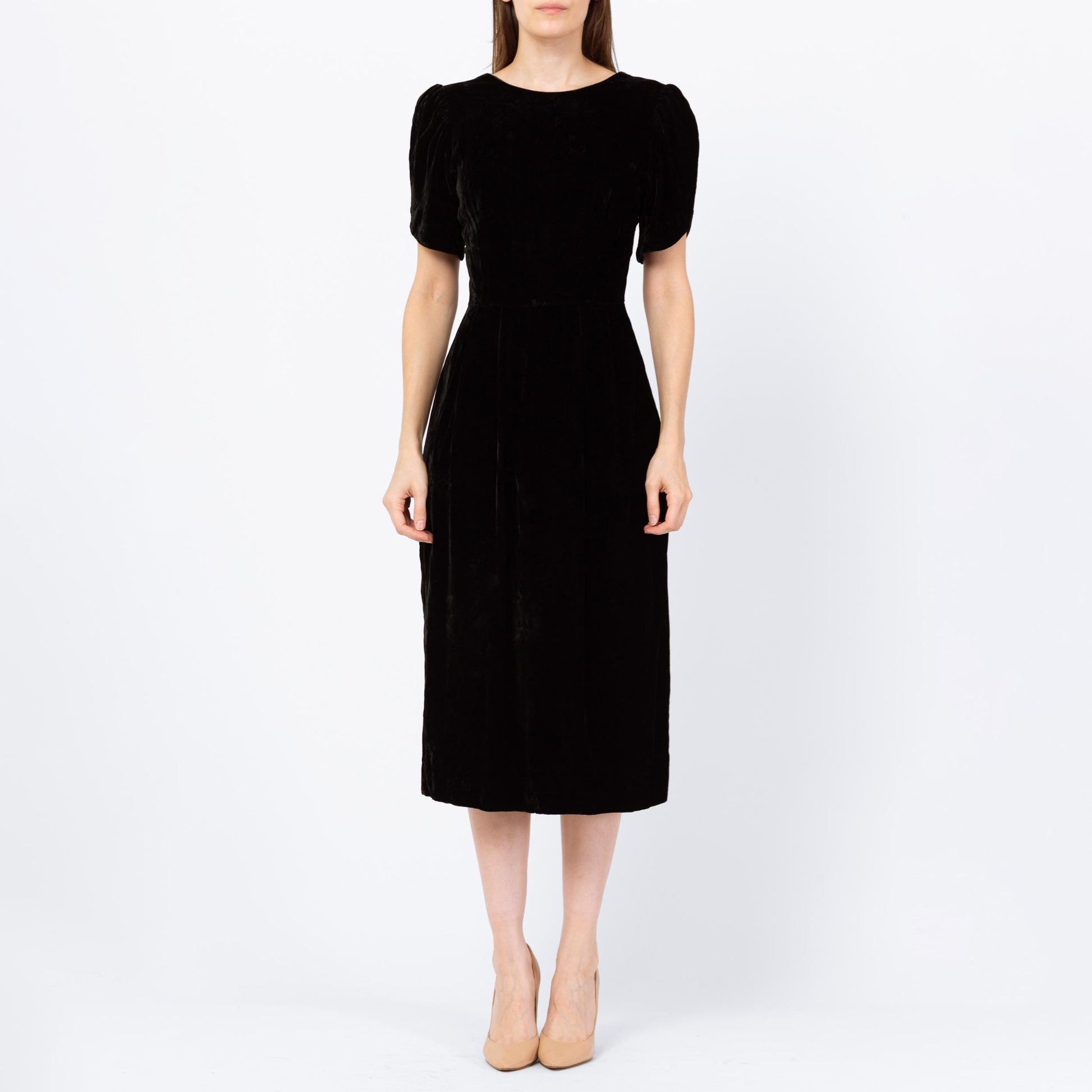 Vintage 80s Does 40s Black Velvet Low Back Midi Dress - Small | Lanz Originals Short Puff Sleeve Wiggle Dress