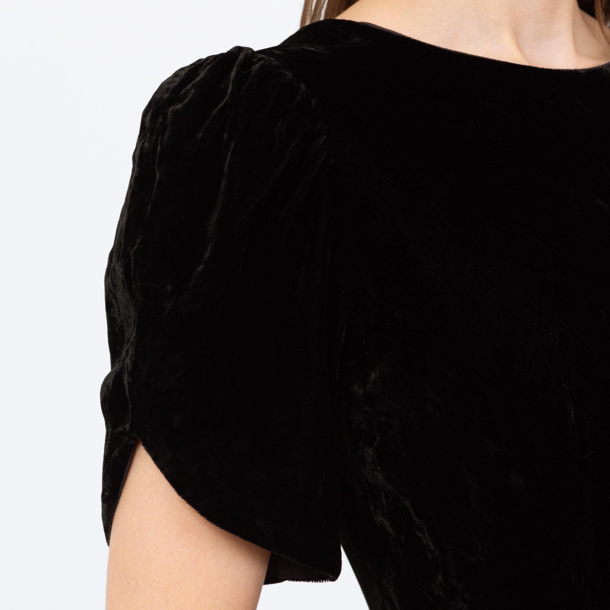 Vintage 80s Does 40s Black Velvet Low Back Midi Dress - Small | Lanz Originals Short Puff Sleeve Wiggle Dress