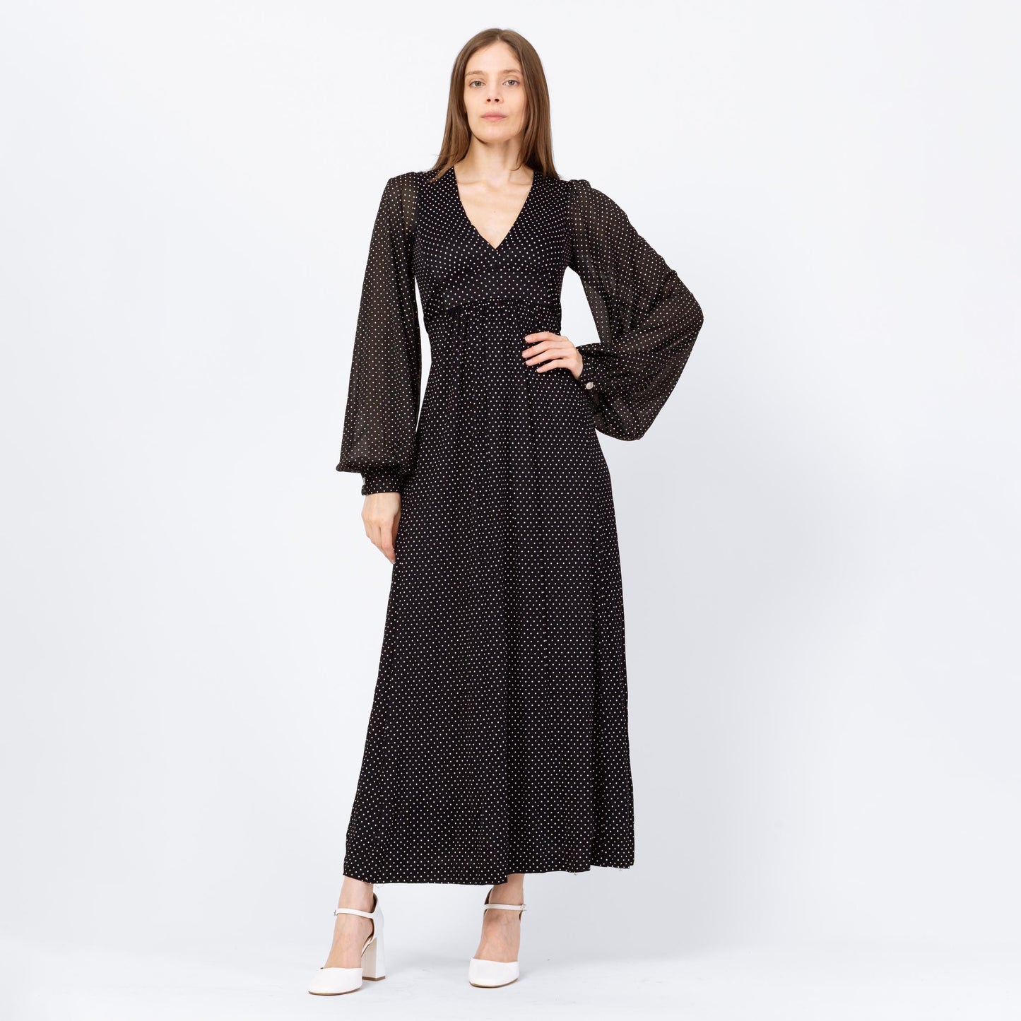 Vintage 70s Black & White Swiss Dot Balloon Sleeve Maxi Dress - Extra Small | Long Sleeve Bohemian Gothic Prairie Dress