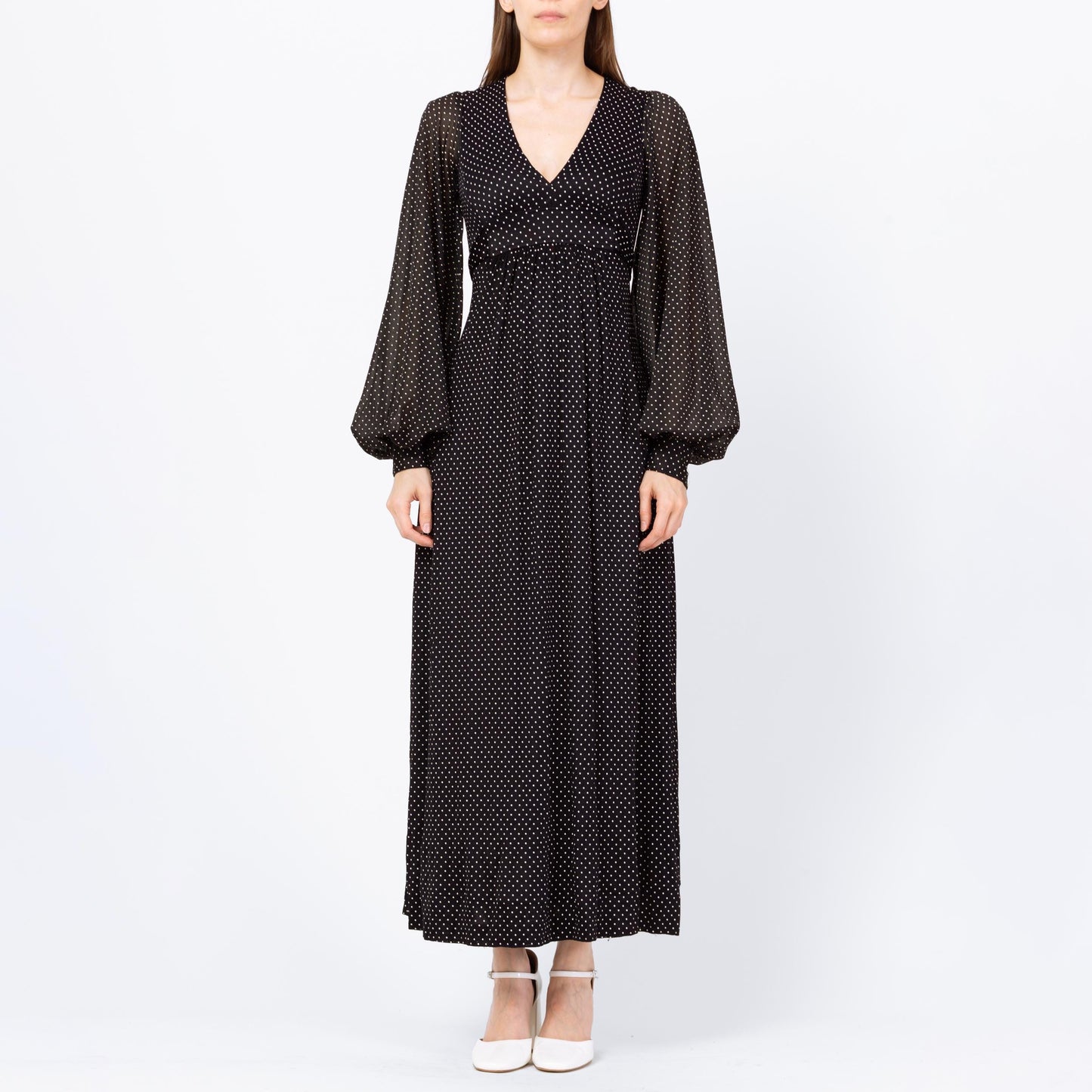 Vintage 70s Black & White Swiss Dot Balloon Sleeve Maxi Dress - Extra Small | Long Sleeve Bohemian Gothic Prairie Dress