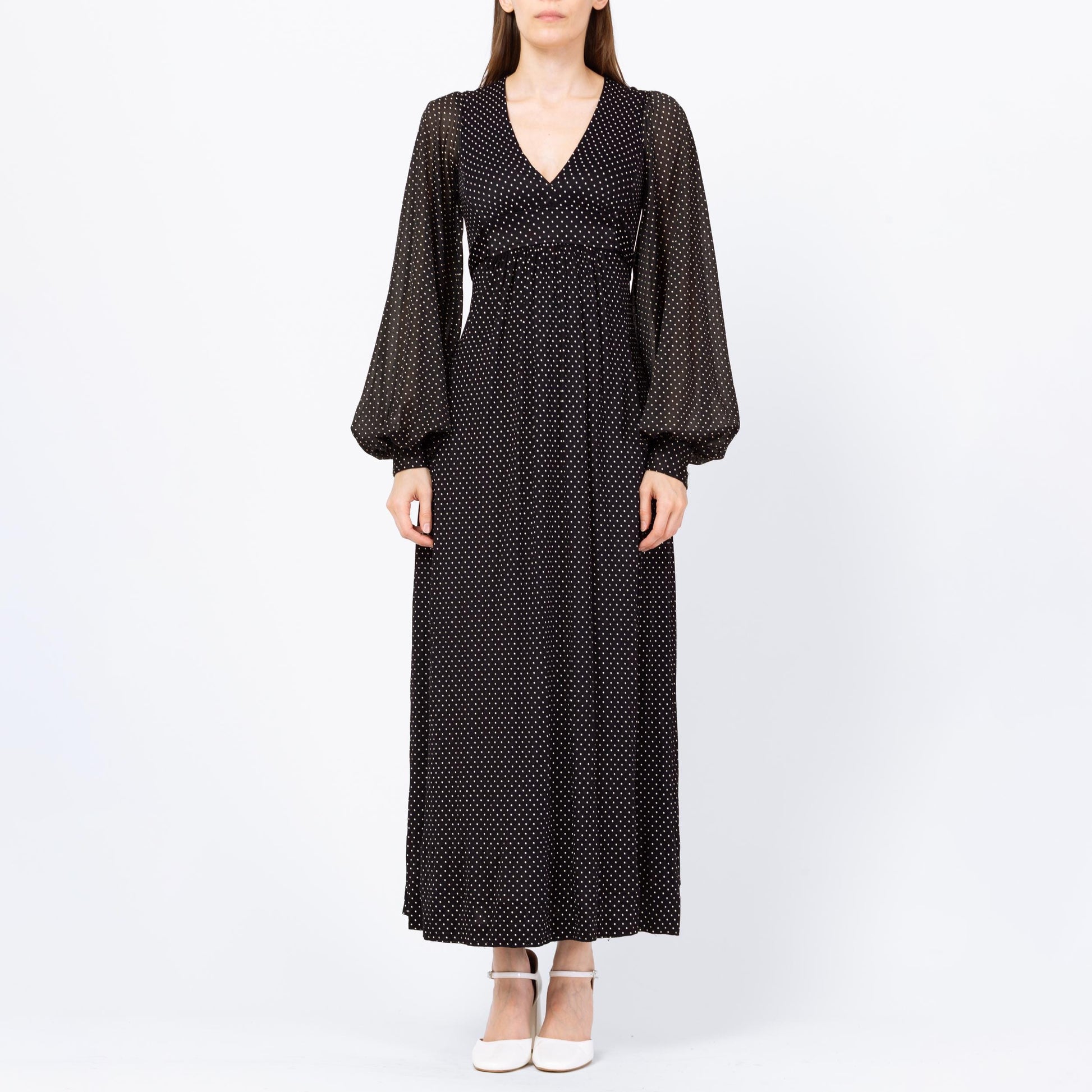 Vintage 70s Black & White Swiss Dot Balloon Sleeve Maxi Dress - Extra Small | Long Sleeve Bohemian Gothic Prairie Dress