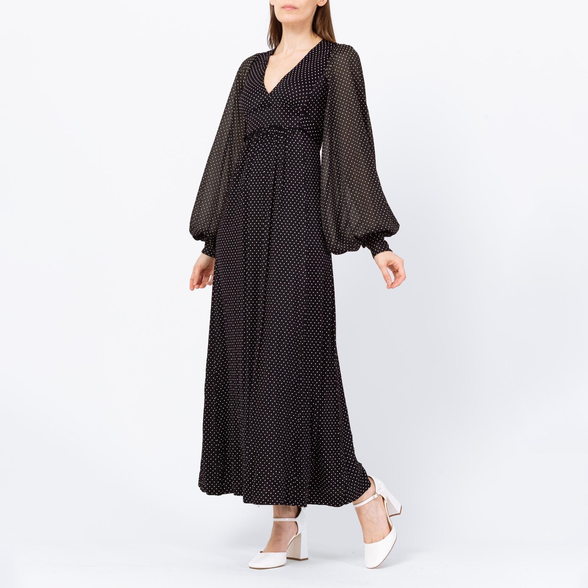 Vintage 70s Black & White Swiss Dot Balloon Sleeve Maxi Dress - Extra Small | Long Sleeve Bohemian Gothic Prairie Dress