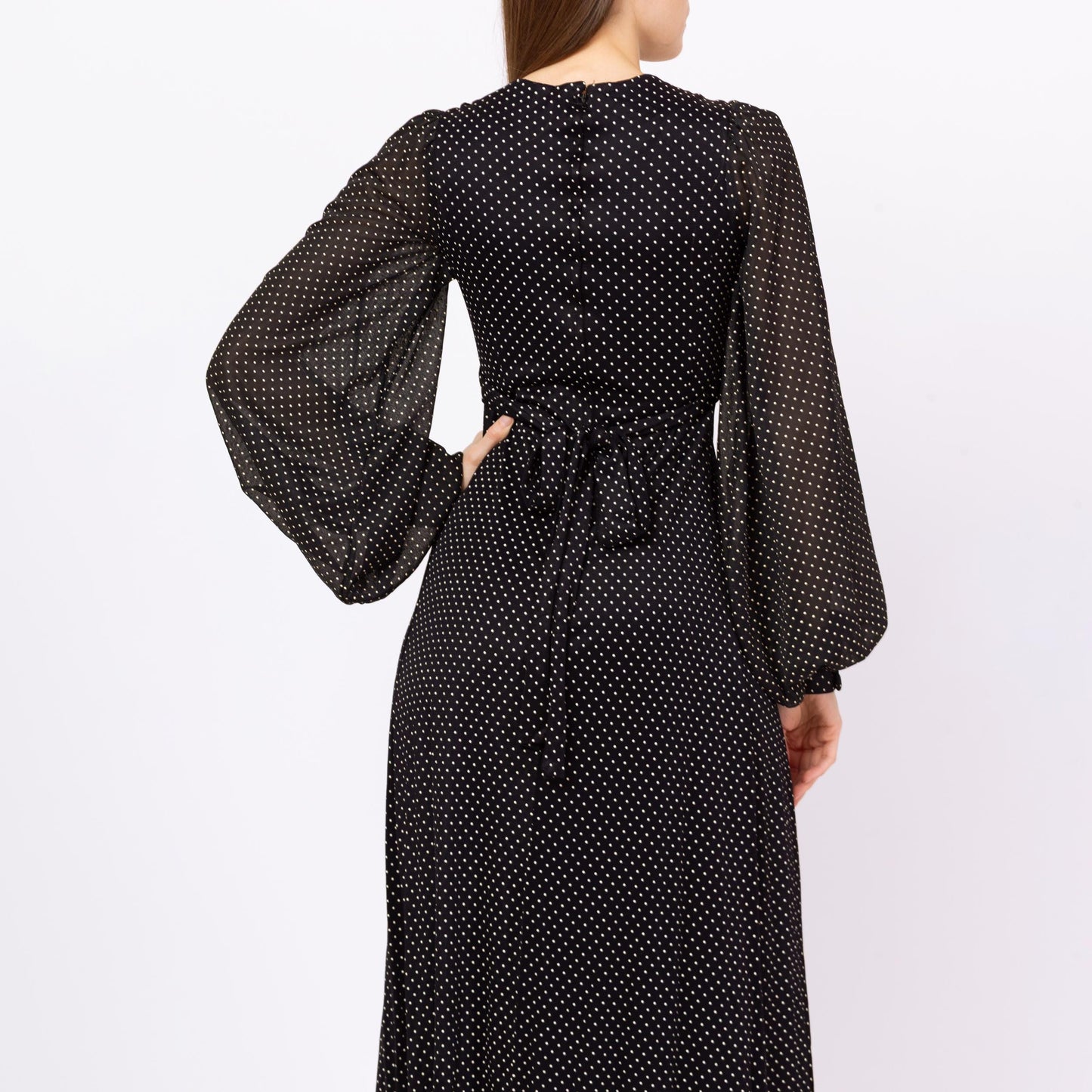 Vintage 70s Black & White Swiss Dot Balloon Sleeve Maxi Dress - Extra Small | Long Sleeve Bohemian Gothic Prairie Dress