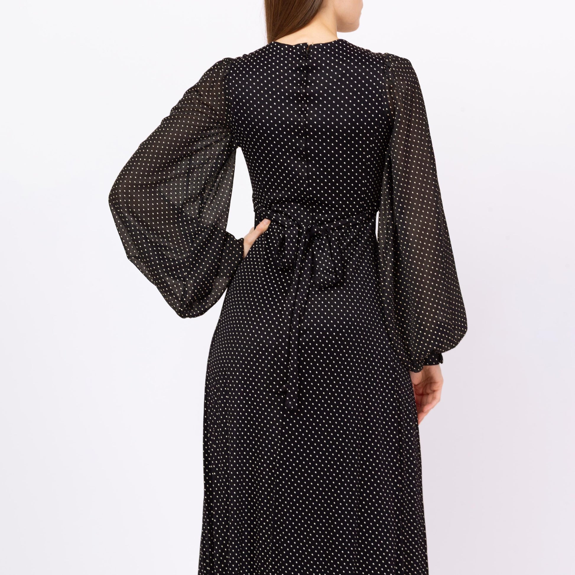 Vintage 70s Black & White Swiss Dot Balloon Sleeve Maxi Dress - Extra Small | Long Sleeve Bohemian Gothic Prairie Dress