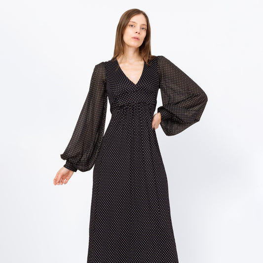Vintage 70s Black & White Swiss Dot Balloon Sleeve Maxi Dress - Extra Small | Long Sleeve Bohemian Gothic Prairie Dress
