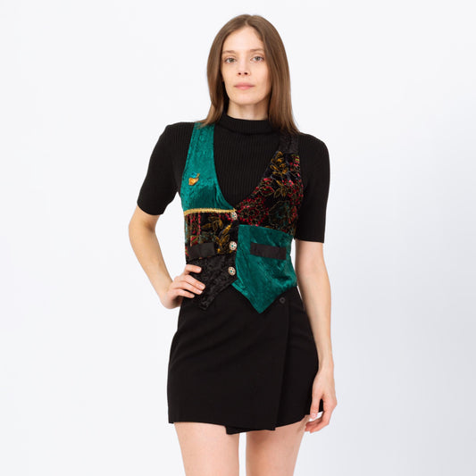 Vintage 90s Patchwork Velvet Crop Top Vest - Small | Whimsigoth Top, Black & Green Grunge Button Up Sleeveless Shirt