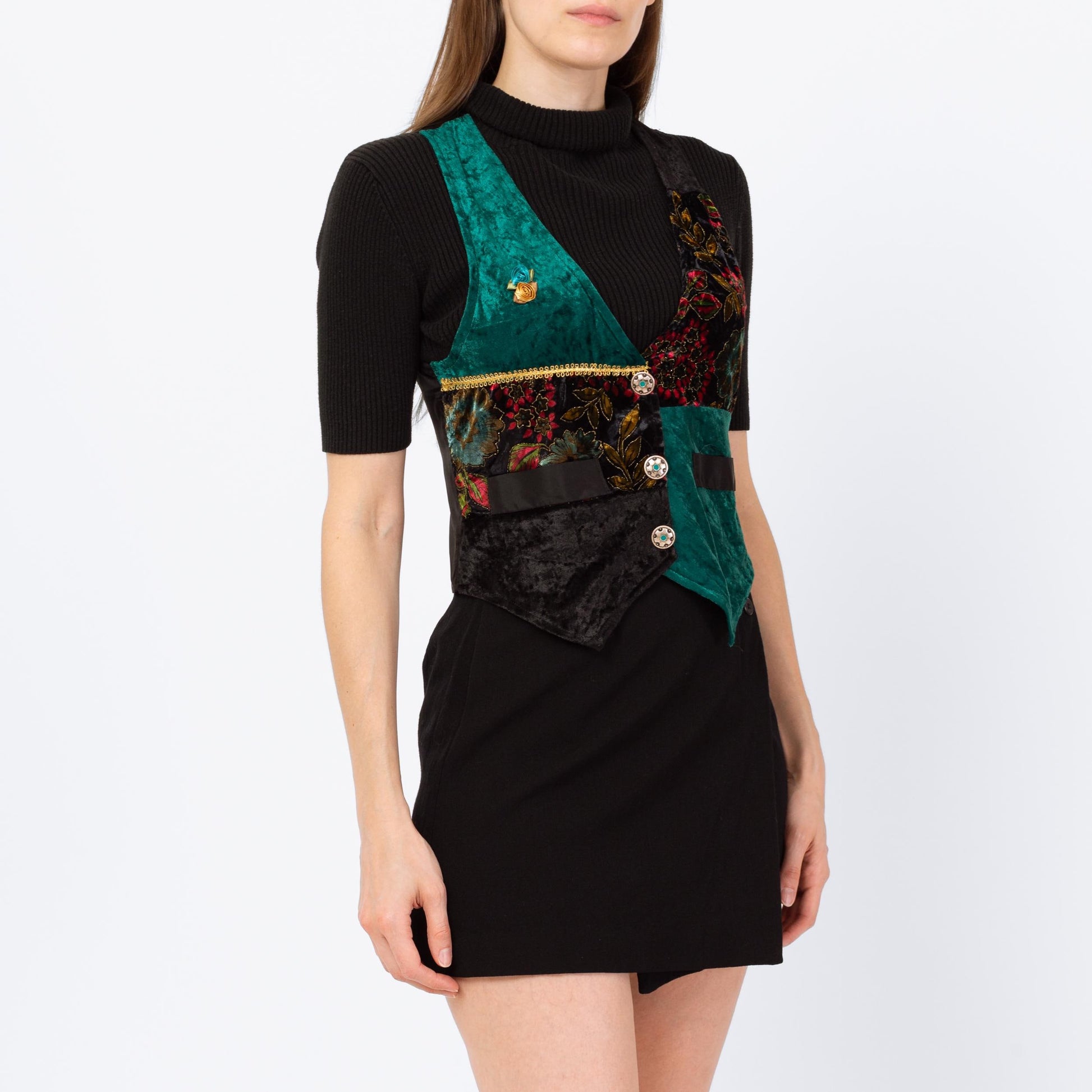 Vintage 90s Patchwork Velvet Crop Top Vest - Small | Whimsigoth Top, Black & Green Grunge Button Up Sleeveless Shirt