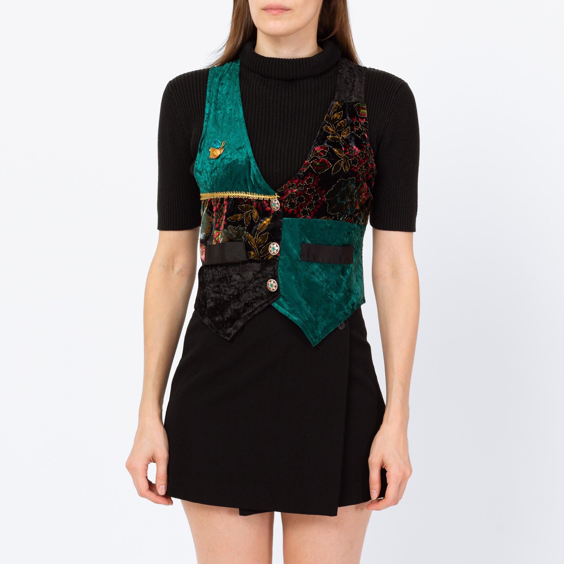 Vintage 90s Patchwork Velvet Crop Top Vest - Small | Whimsigoth Top, Black & Green Grunge Button Up Sleeveless Shirt