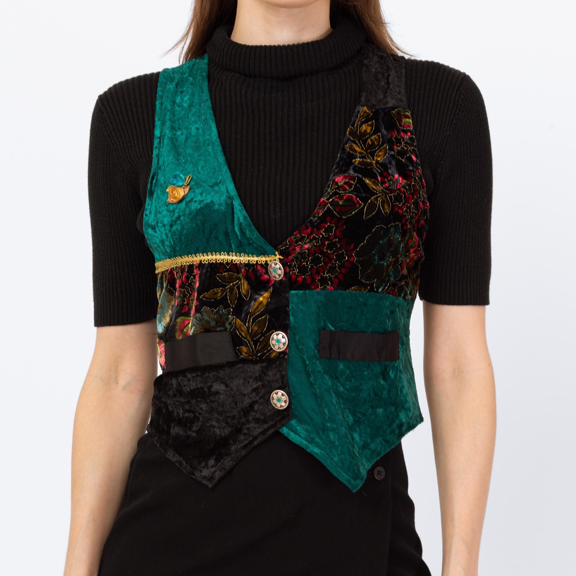 Vintage 90s Patchwork Velvet Crop Top Vest - Small | Whimsigoth Top, Black & Green Grunge Button Up Sleeveless Shirt