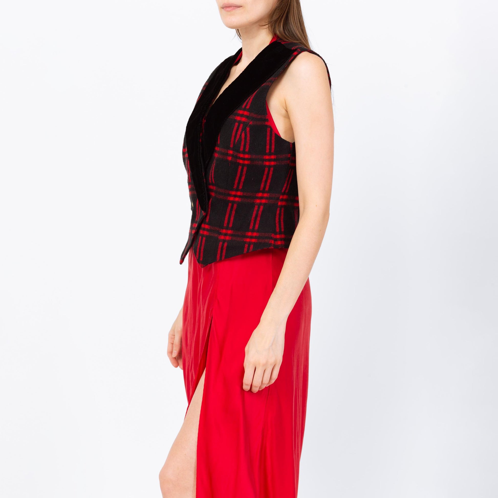 Vintage 90s Black & Red Plaid Knit Crop Top Vest - Small | Grunge Clothing, Sleeveless Collared Shirt