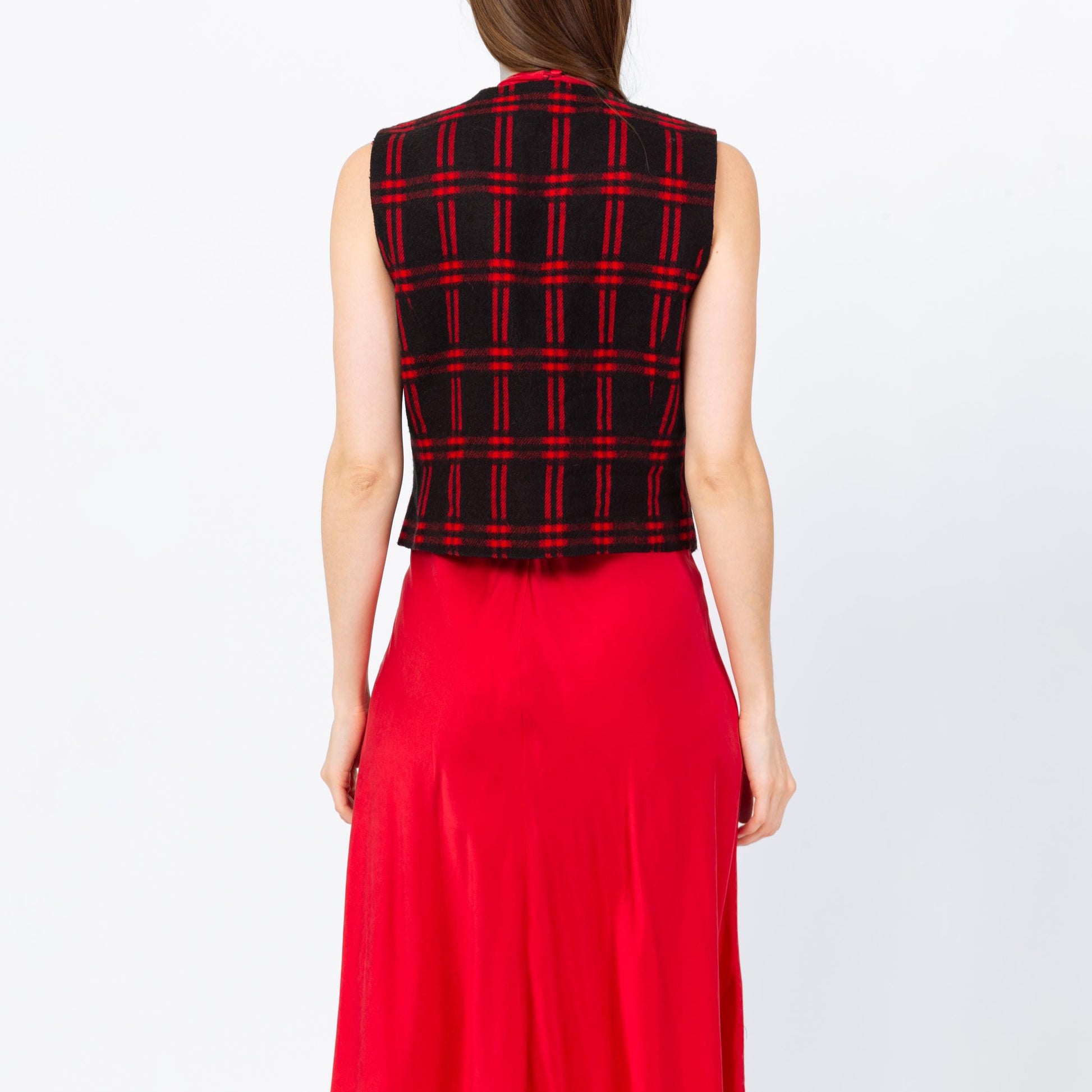 Vintage 90s Black & Red Plaid Knit Crop Top Vest - Small | Grunge Clothing, Sleeveless Collared Shirt