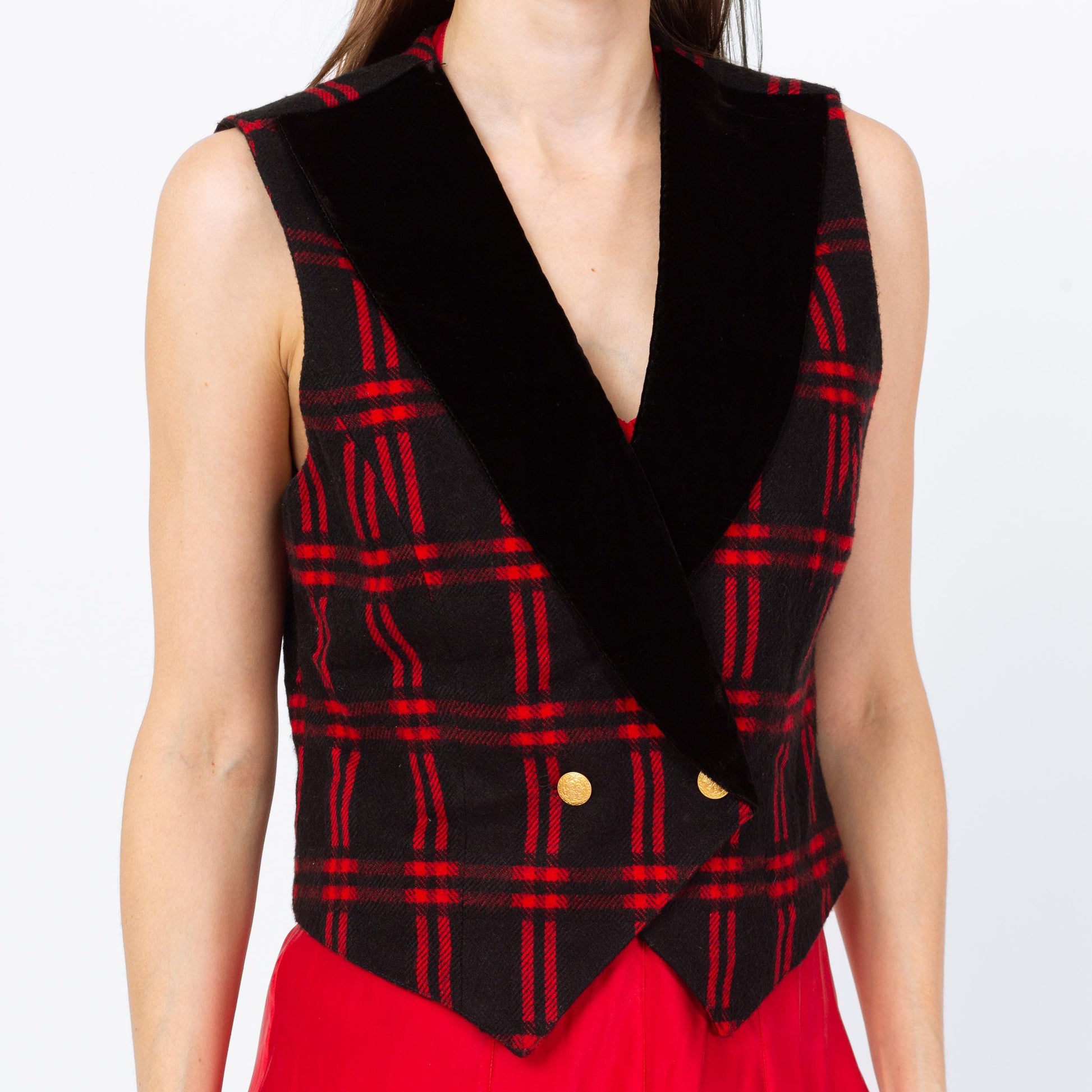 Vintage 90s Black & Red Plaid Knit Crop Top Vest - Small | Grunge Clothing, Sleeveless Collared Shirt