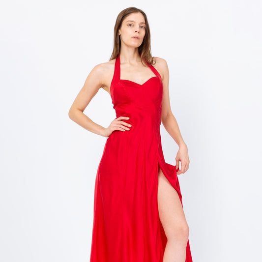Vintage 90s Victoria's Secret Red Silk Halter Nightgown - Extra Small | Pinup Negligee Nightie Maxi Sexy High Slit Slip Dress