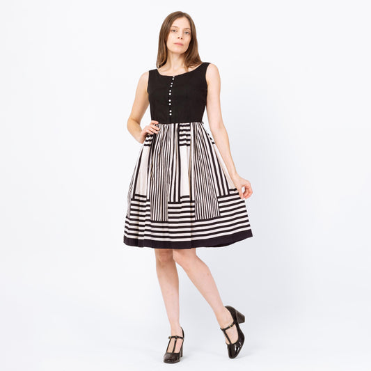 Vintage 50s Black & White Striped Day Dress - Extra Small | Retro Judy Palmer Sleeveless Knee Length Fit Flare Dress