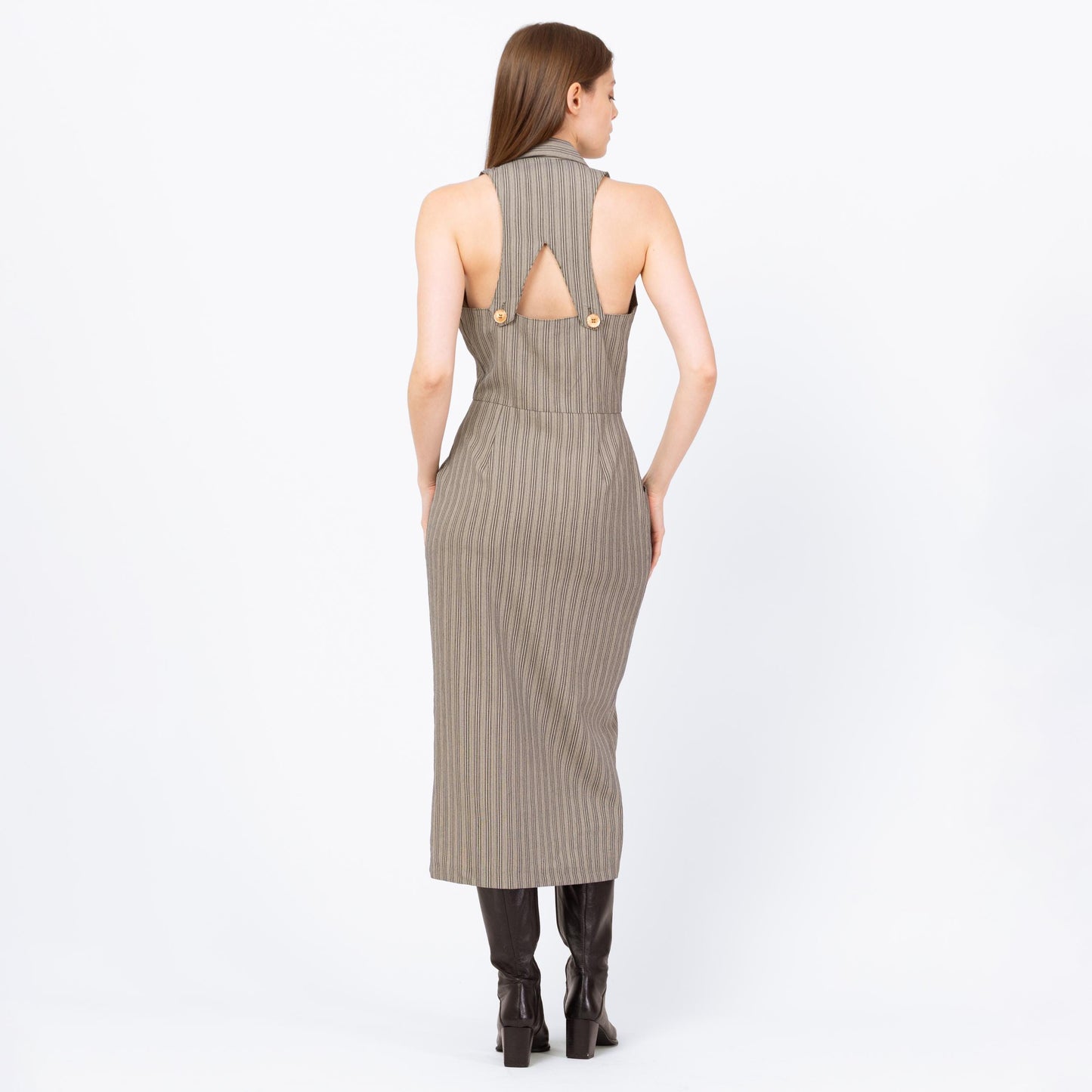 Vintage 90s Grey Pinstriped Keyhole Racerback Maxi Dress - Small | Minimalist Sleeveless Collared Button Front Dress