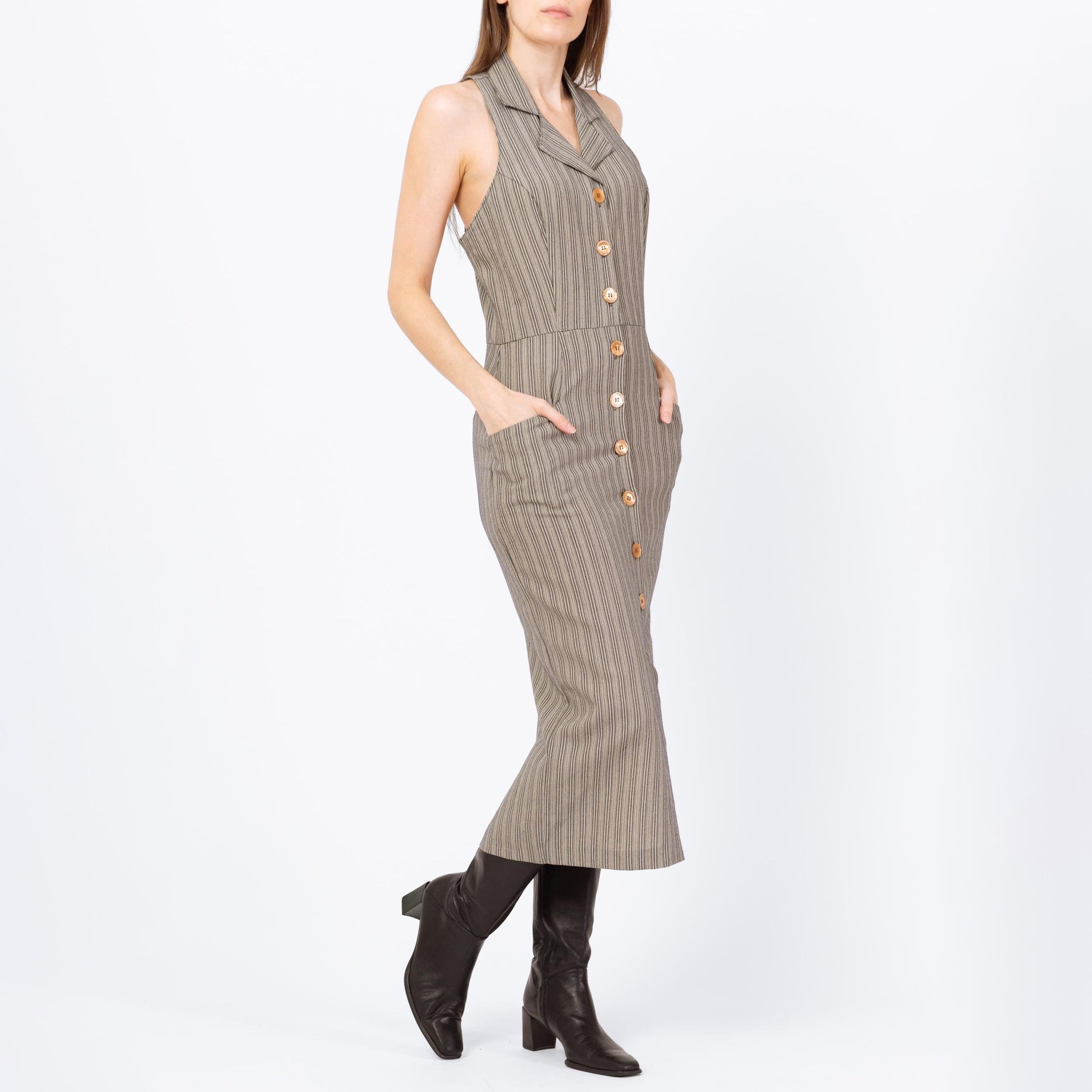 Vintage 90s Grey Pinstriped Keyhole Racerback Maxi Dress - Small | Minimalist Sleeveless Collared Button Front Dress