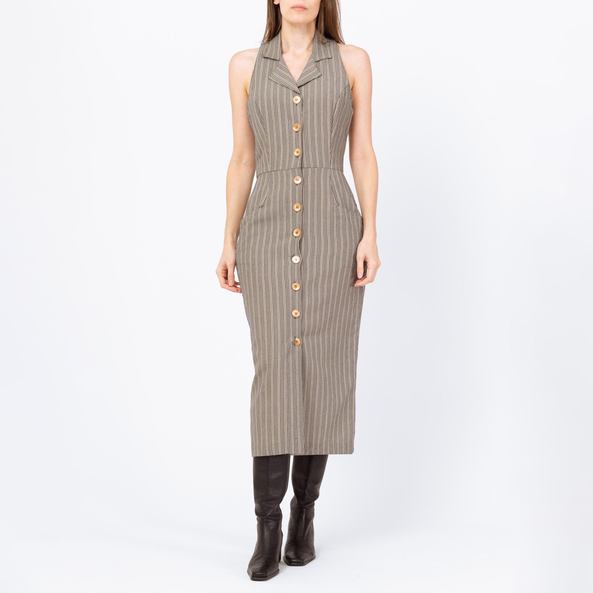 Vintage 90s Grey Pinstriped Keyhole Racerback Maxi Dress - Small | Minimalist Sleeveless Collared Button Front Dress