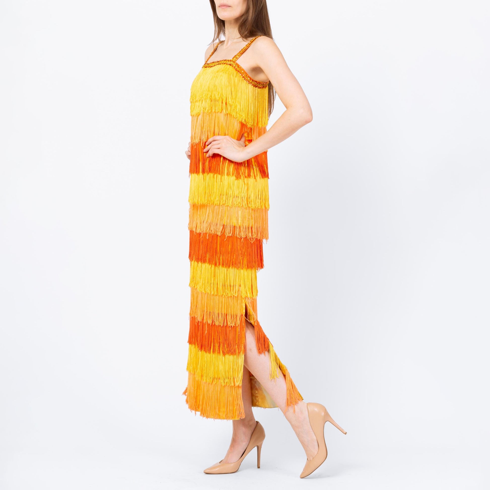 Vintage 60s Yellow & Orange Fringe Flapper Dress - Extra Small | 1920s Gatsby Maxi Costume Dress