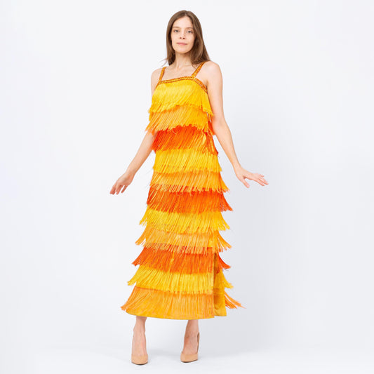 Vintage 60s Yellow & Orange Fringe Flapper Dress - Extra Small | 1920s Gatsby Maxi Costume Dress