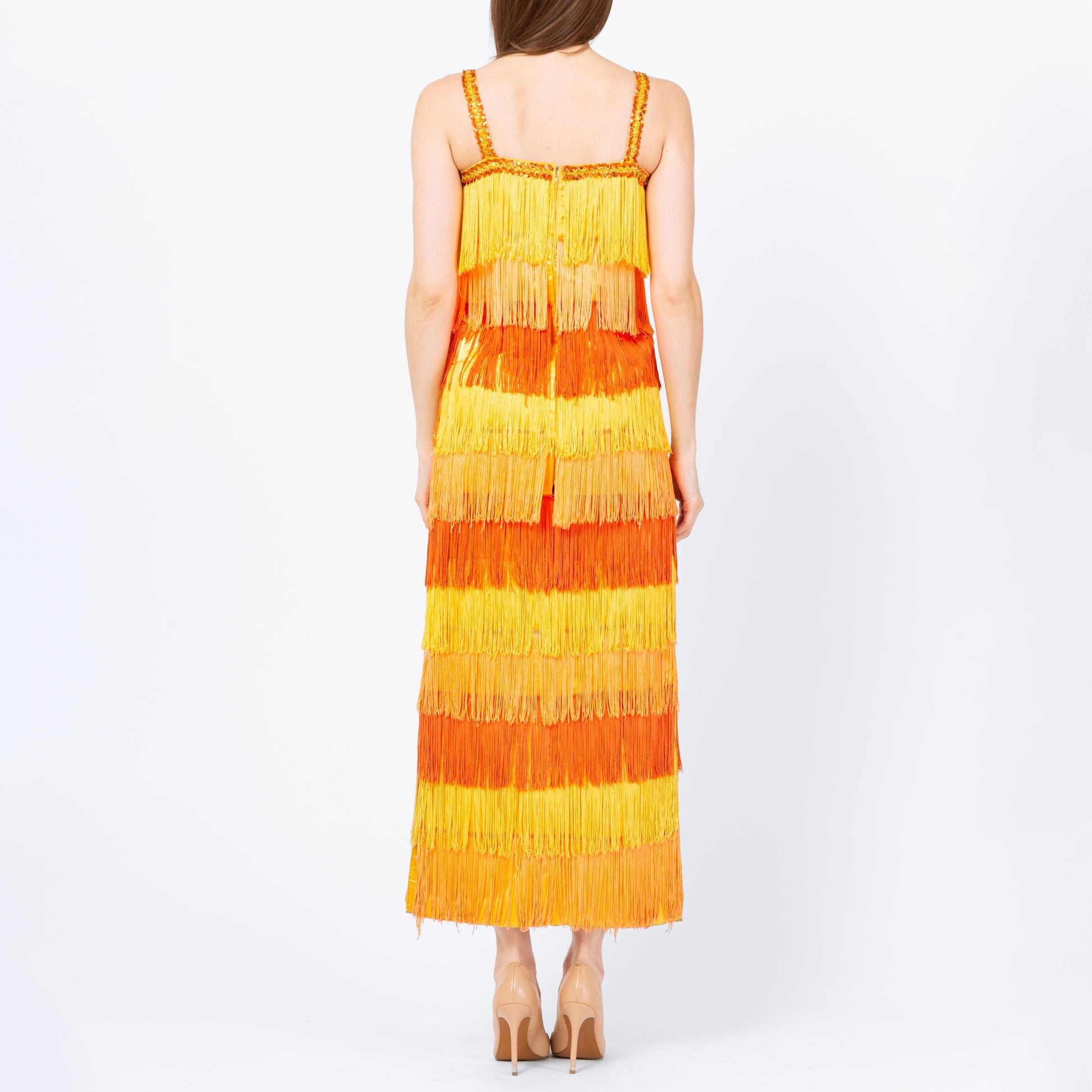 Vintage 60s Yellow & Orange Fringe Flapper Dress - Extra Small | 1920s Gatsby Maxi Costume Dress