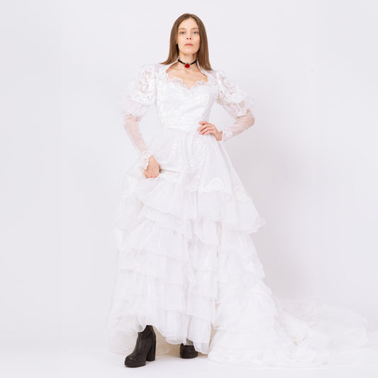 Vintage 80s White Organza Princess Wedding Dress - Small | 1980s Puff Sleeve Sheer Lace Sweetheart Neck Bridal Gown
