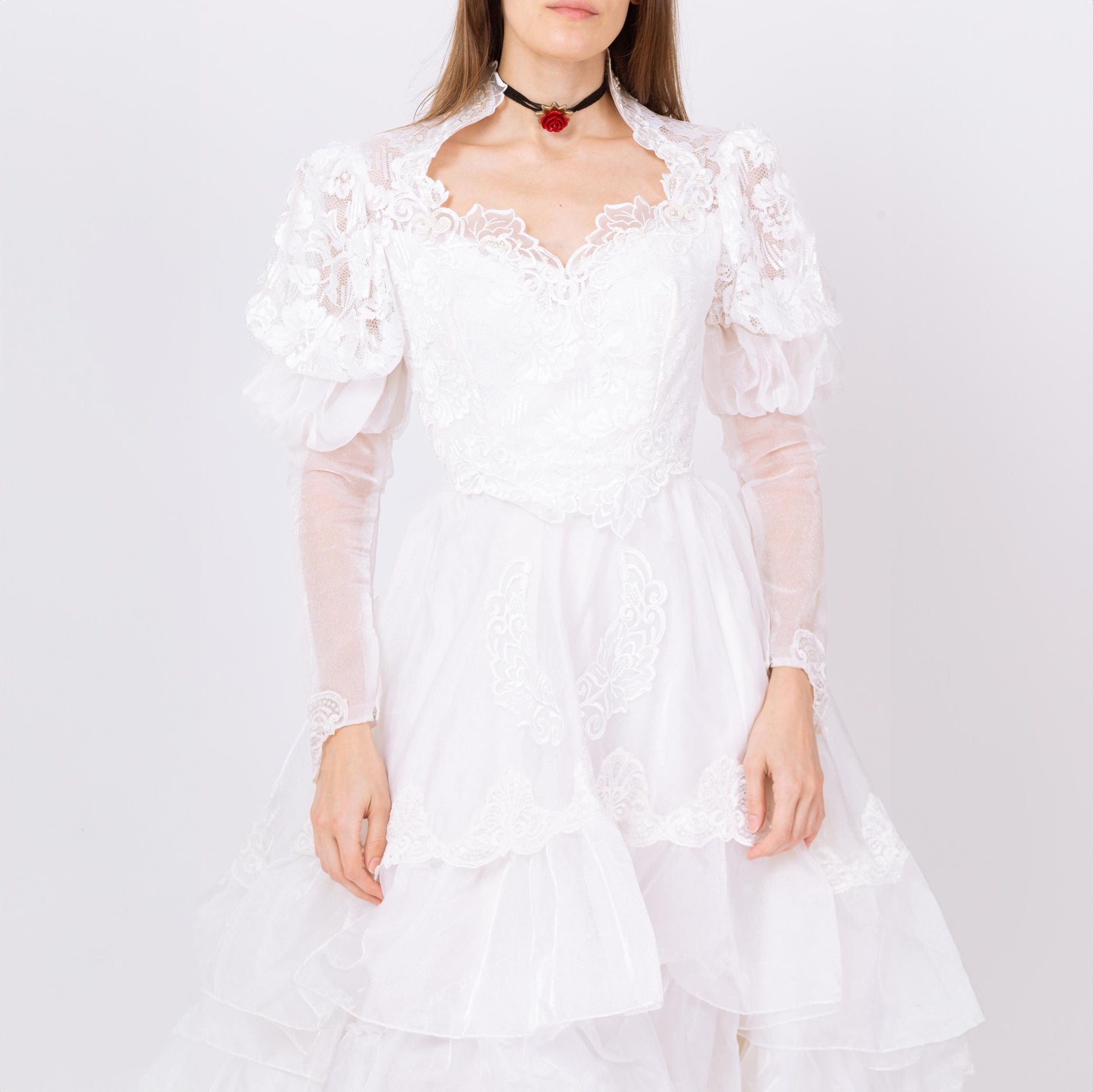 Vintage 80s White Organza Princess Wedding Dress - Small | 1980s Puff Sleeve Sheer Lace Sweetheart Neck Bridal Gown