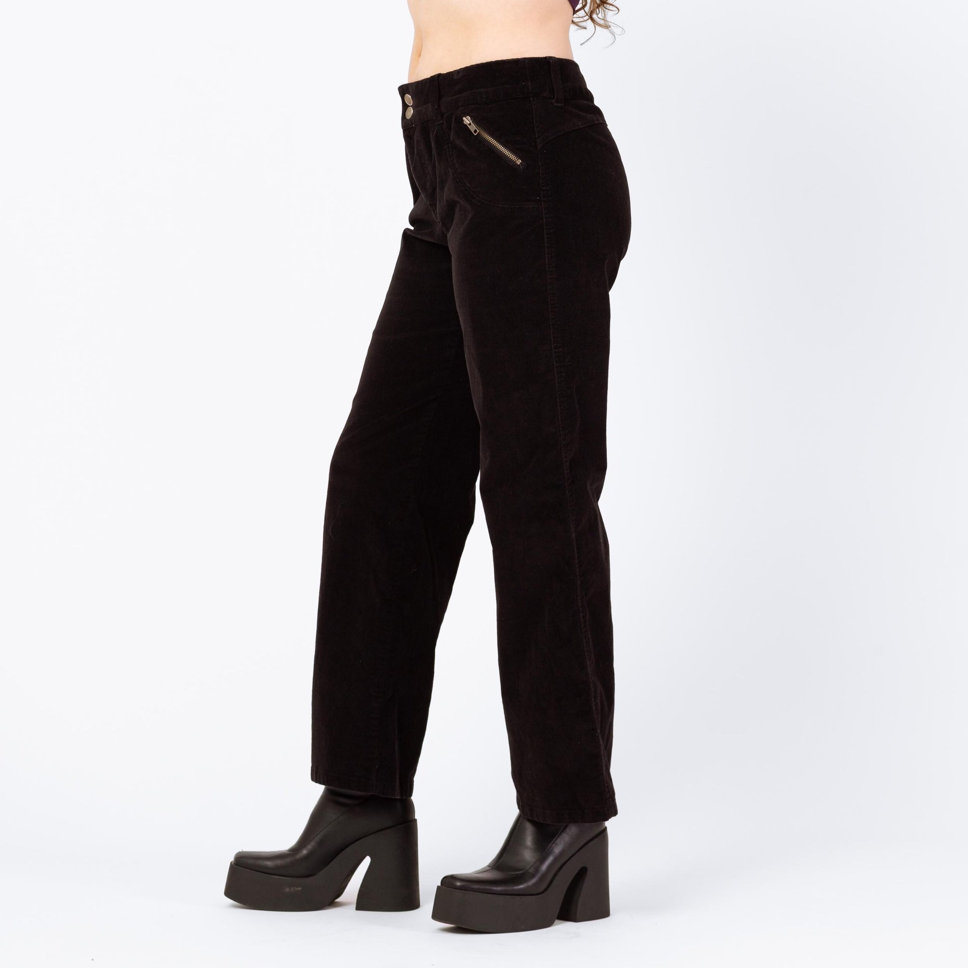 Vintage Y2K Black Corduroy Flared Pants - Medium | Zippered Pocket Pants, Mid Rise Bootcut Trousers