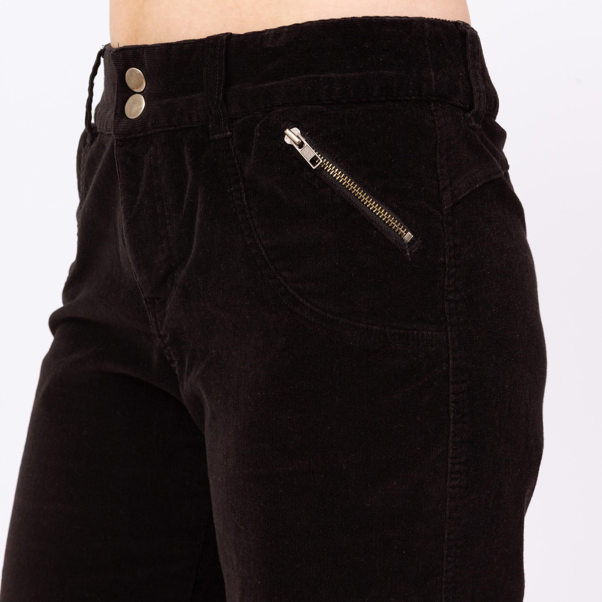 Vintage Y2K Black Corduroy Flared Pants - Medium | Zippered Pocket Pants, Mid Rise Bootcut Trousers