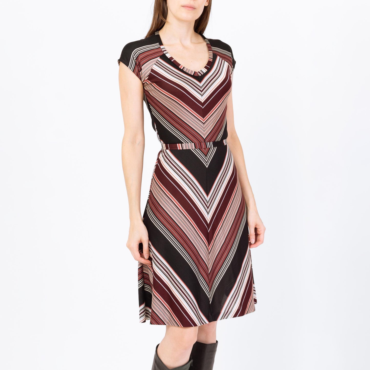 Vintage 70s Mauve Chevron Striped Belted Dress - Extra Small | Retro Short Sleeve A Line Mini Disco Dress