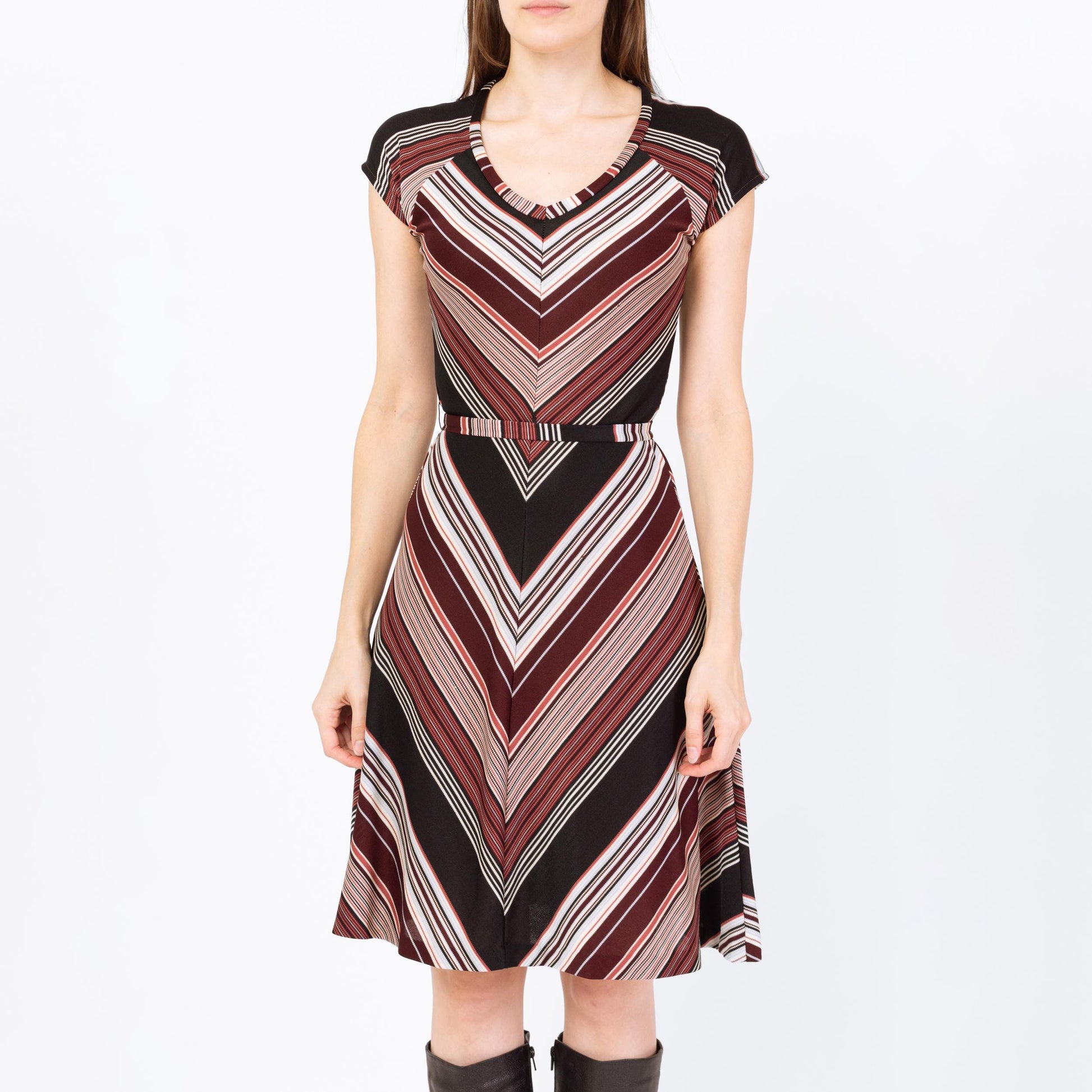 Vintage 70s Mauve Chevron Striped Belted Dress - Extra Small | Retro Short Sleeve A Line Mini Disco Dress