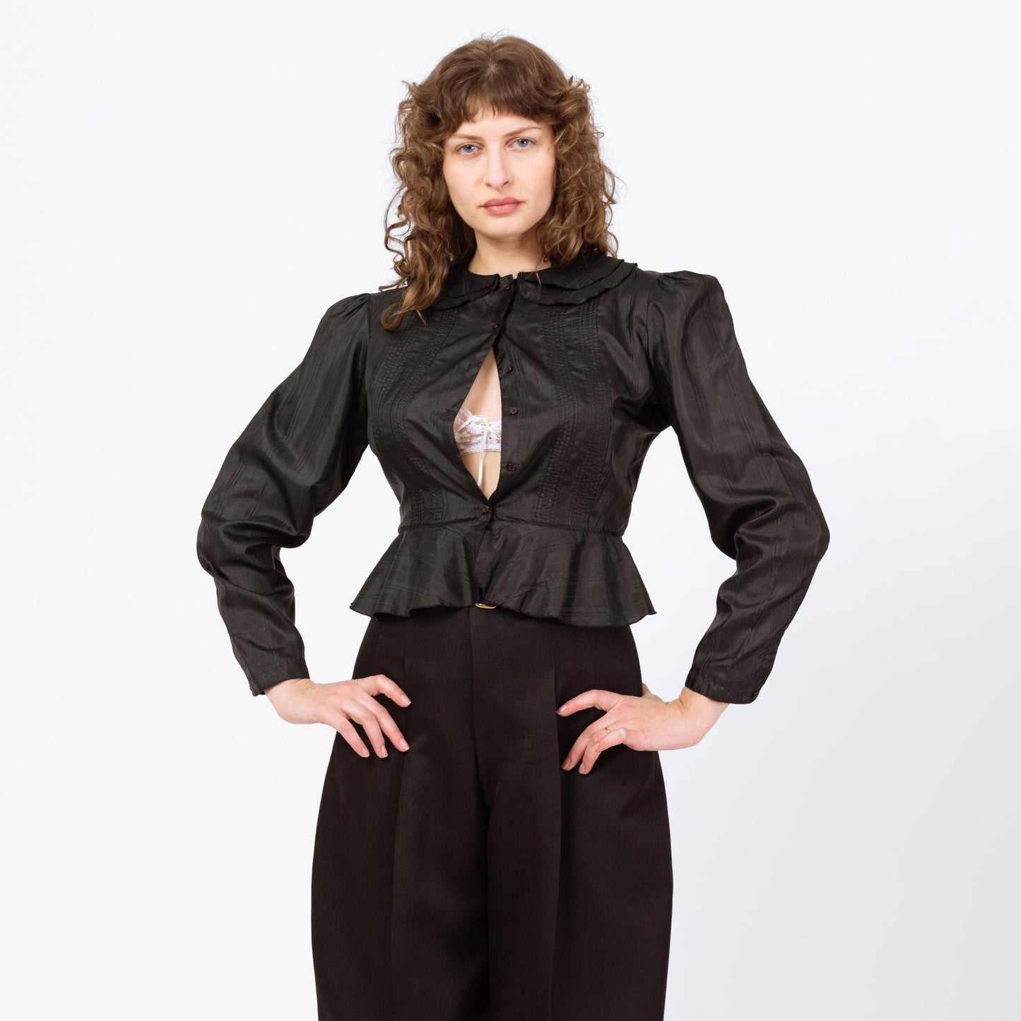 Vintage 70s Does Victorian Black Puff Sleeve Prairie Blouse - Medium | Gothic Peter Pan Collar Ruffle Trim Long Sleeve Top