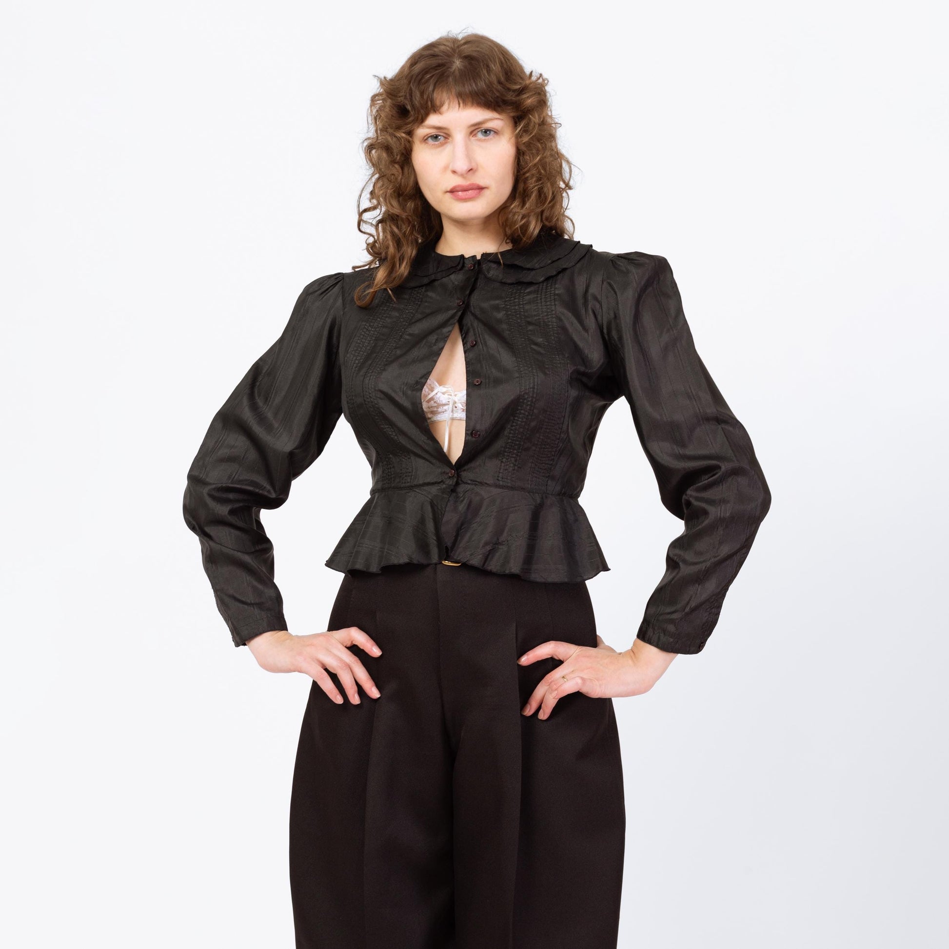 Vintage 70s Does Victorian Black Puff Sleeve Prairie Blouse - Medium | Gothic Peter Pan Collar Ruffle Trim Long Sleeve Top