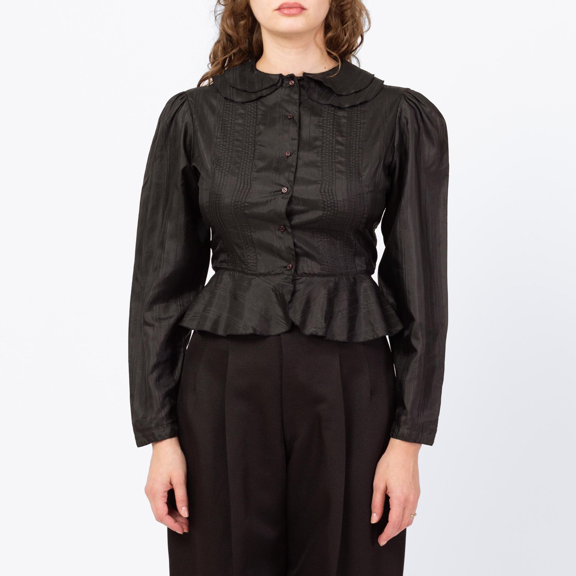 Vintage 70s Does Victorian Black Puff Sleeve Prairie Blouse - Medium | Gothic Peter Pan Collar Ruffle Trim Long Sleeve Top