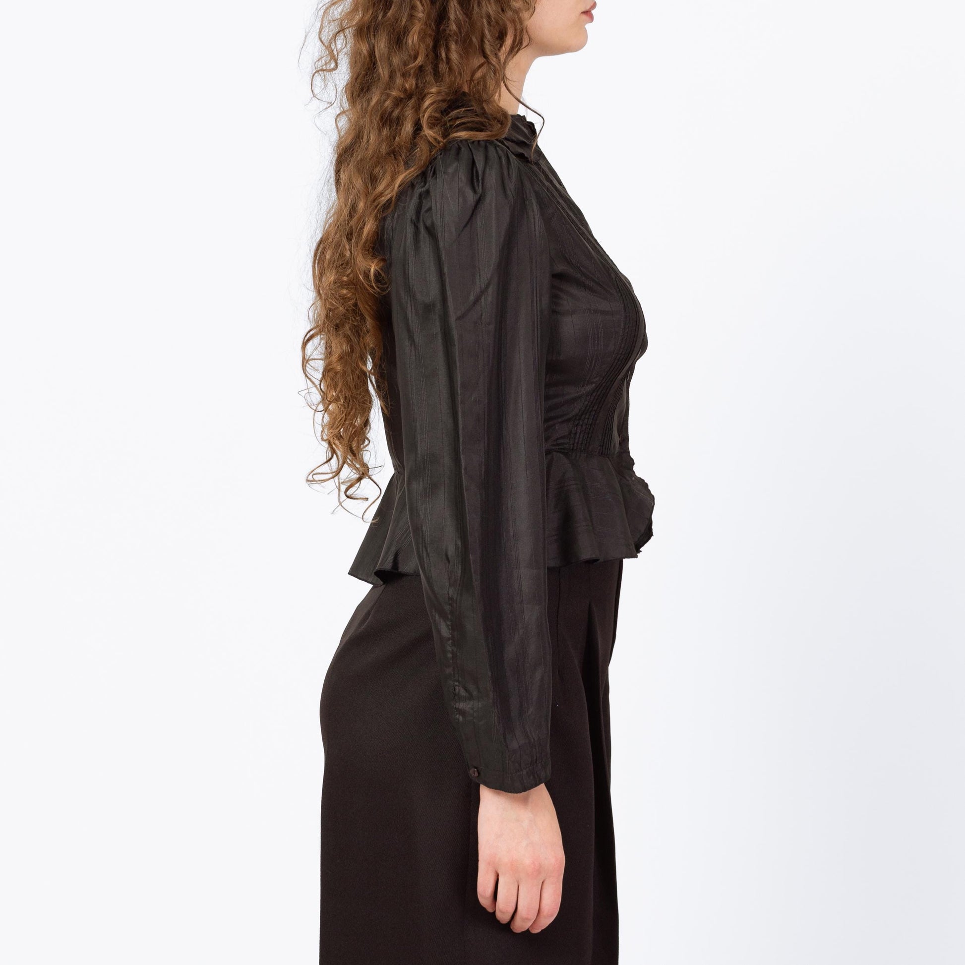 Vintage 70s Does Victorian Black Puff Sleeve Prairie Blouse - Medium | Gothic Peter Pan Collar Ruffle Trim Long Sleeve Top