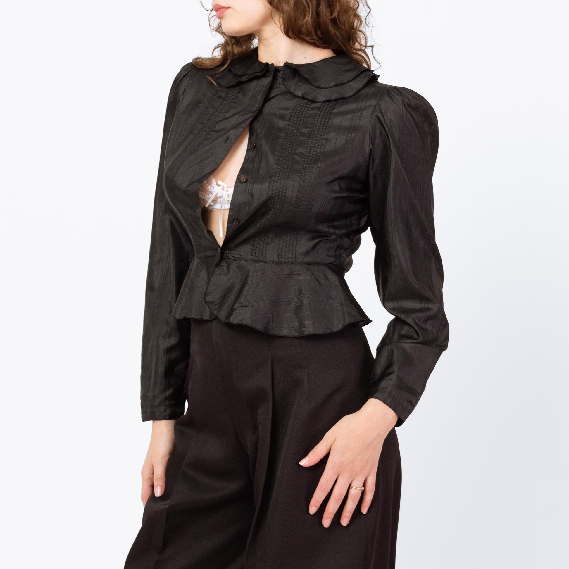 Vintage 70s Does Victorian Black Puff Sleeve Prairie Blouse - Medium | Gothic Peter Pan Collar Ruffle Trim Long Sleeve Top