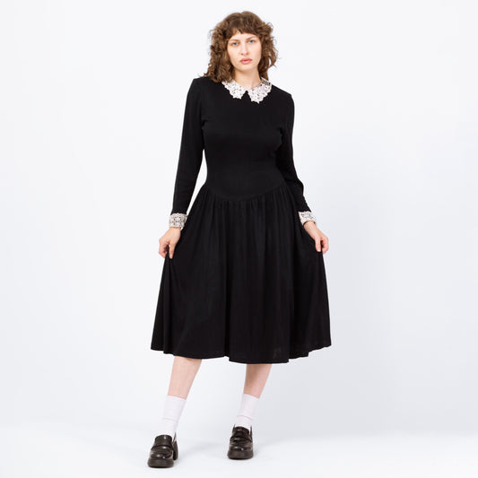 Vintage 80s Gothic Wednesday Addams Black Midi Dress - Medium | White Lace Contrast Trim Collared Fit & Flare Pocket Dress