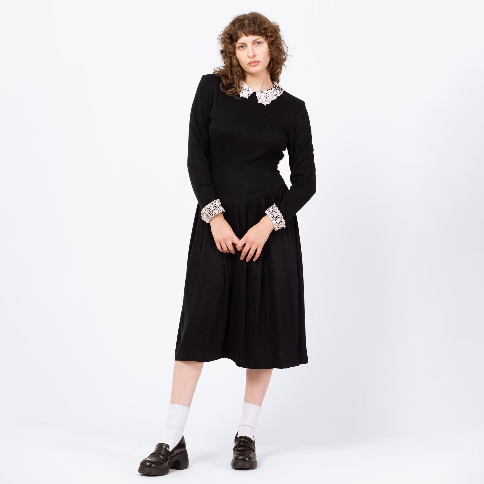 Vintage 80s Gothic Wednesday Addams Black Midi Dress - Medium | White Lace Contrast Trim Collared Fit & Flare Pocket Dress
