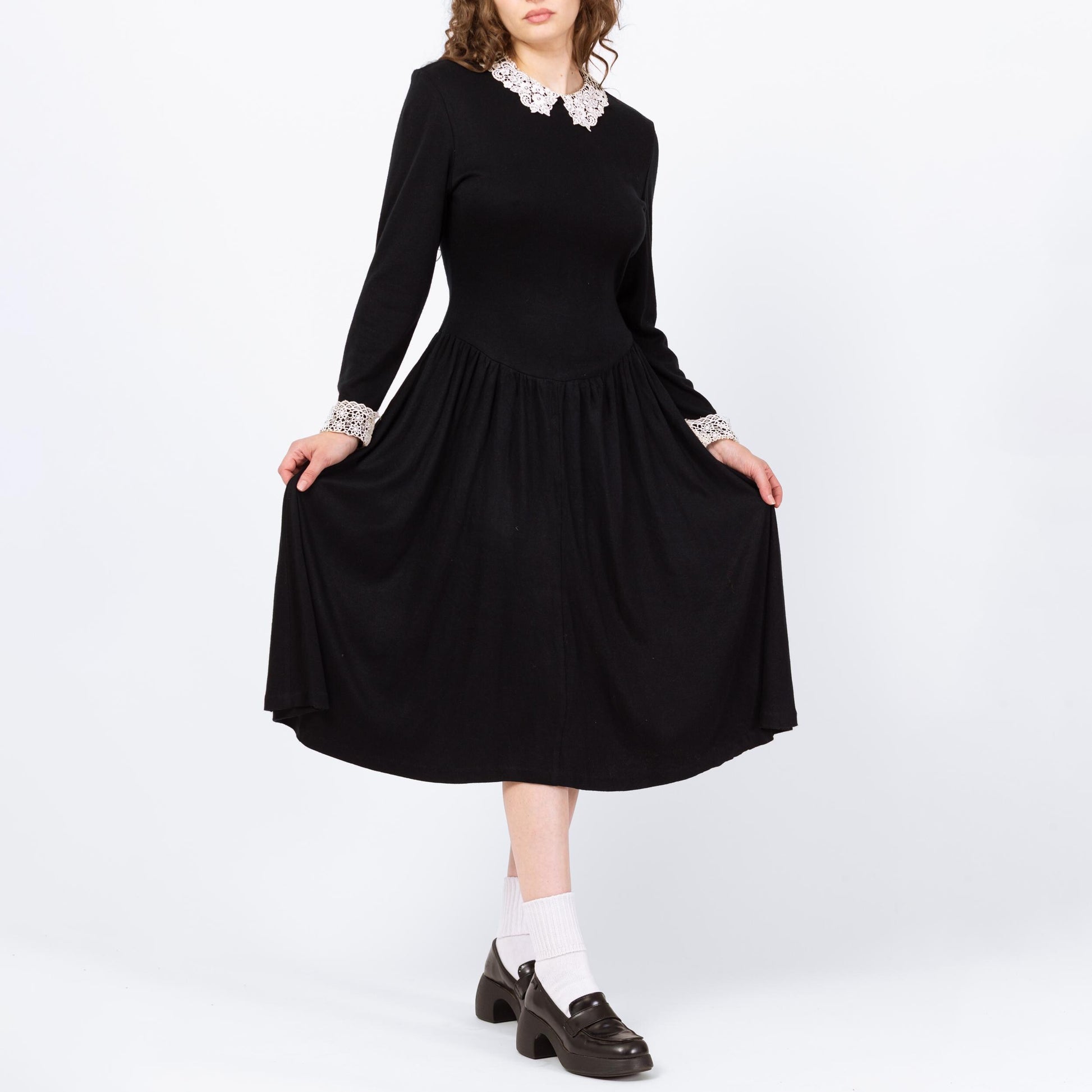 Vintage 80s Gothic Wednesday Addams Black Midi Dress - Medium | White Lace Contrast Trim Collared Fit & Flare Pocket Dress