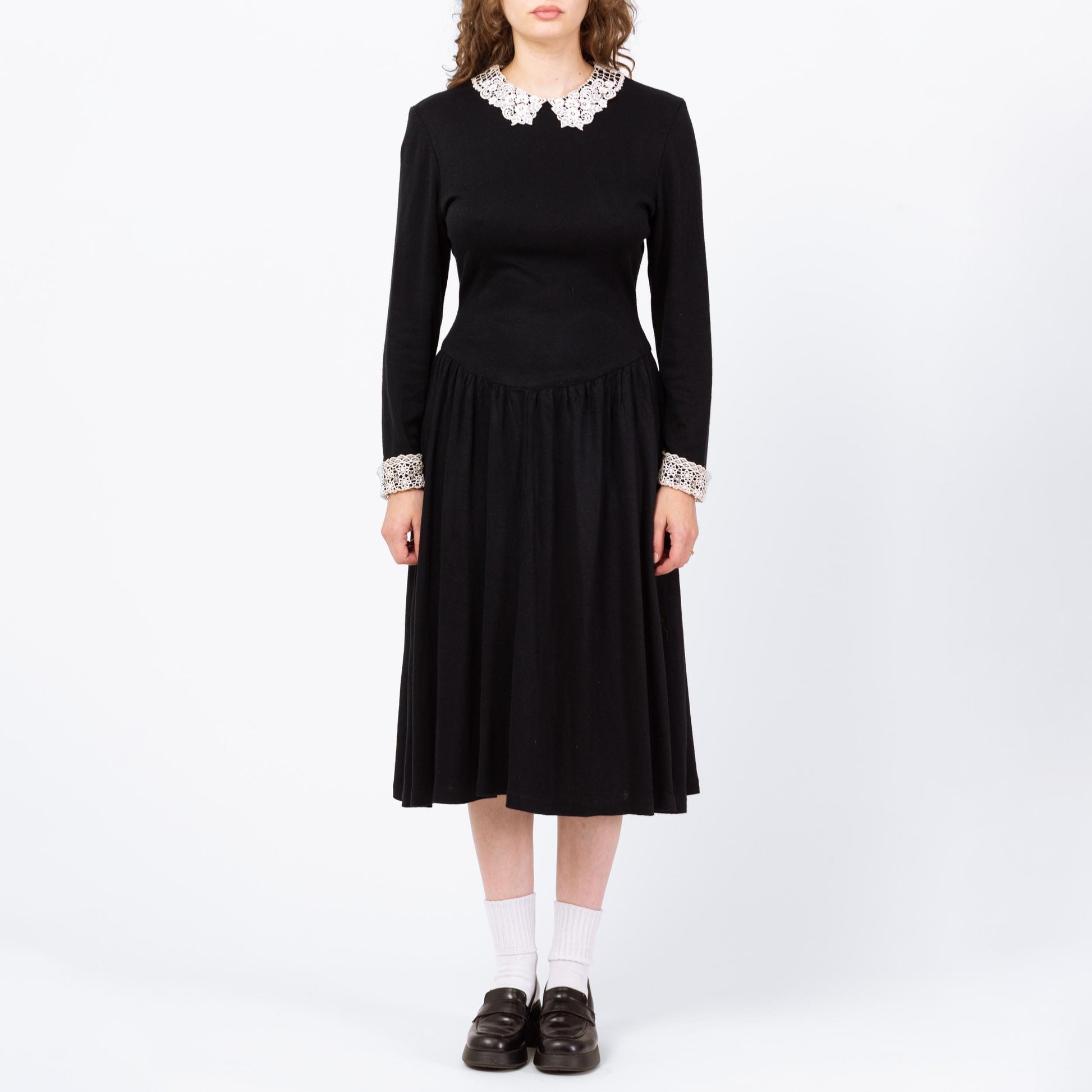 Vintage 80s Gothic Wednesday Addams Black Midi Dress - Medium | White Lace Contrast Trim Collared Fit & Flare Pocket Dress