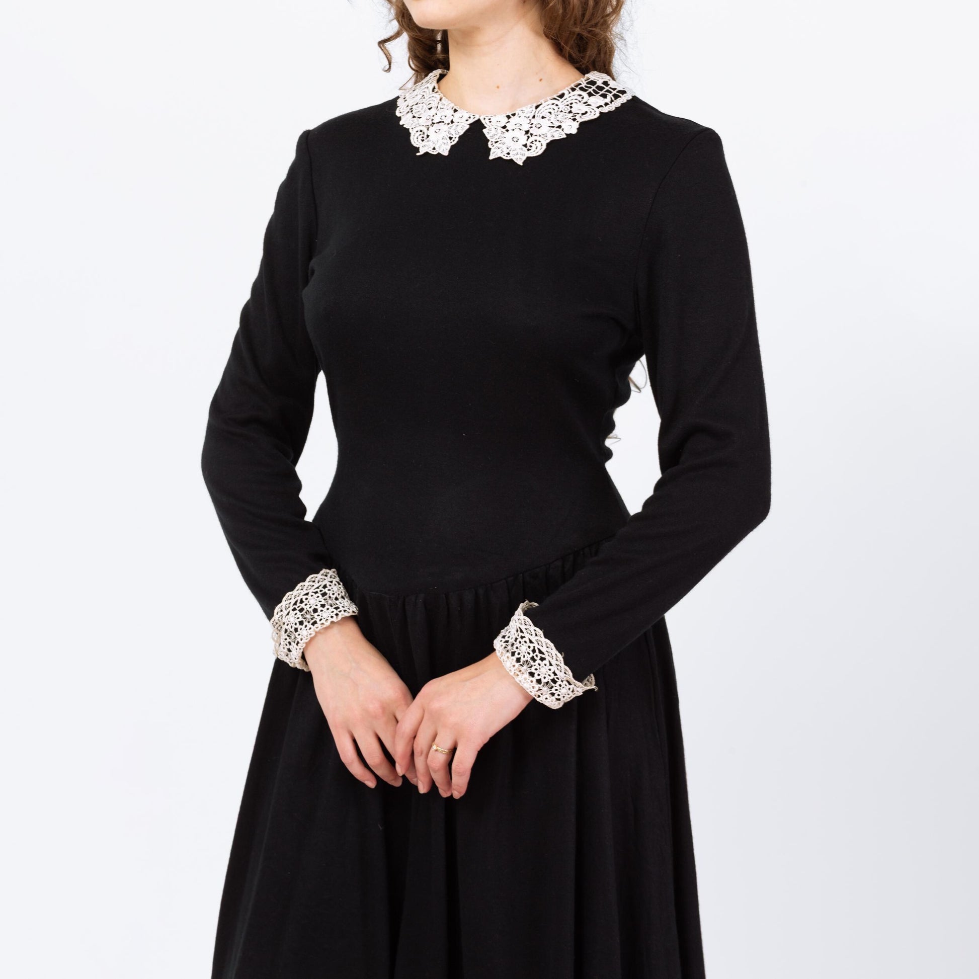 Vintage 80s Gothic Wednesday Addams Black Midi Dress - Medium | White Lace Contrast Trim Collared Fit & Flare Pocket Dress