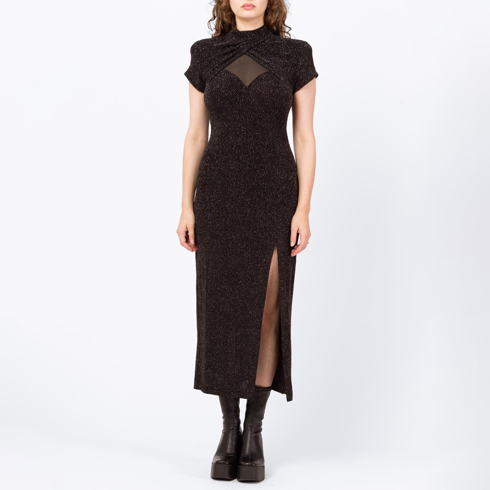 Vintage 90s Sparkle Mesh Cut Out Maxi Dress - Medium | Black Silver High Thigh Slit Sheer Back Cocktail Party Dress
