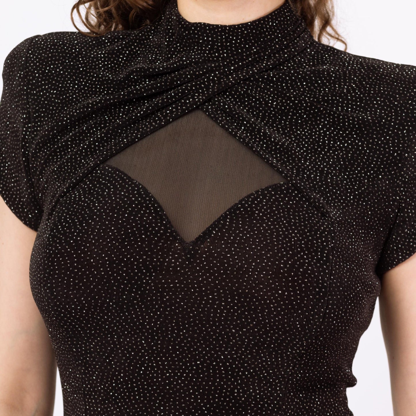 Vintage 90s Sparkle Mesh Cut Out Maxi Dress - Medium | Black Silver High Thigh Slit Sheer Back Cocktail Party Dress