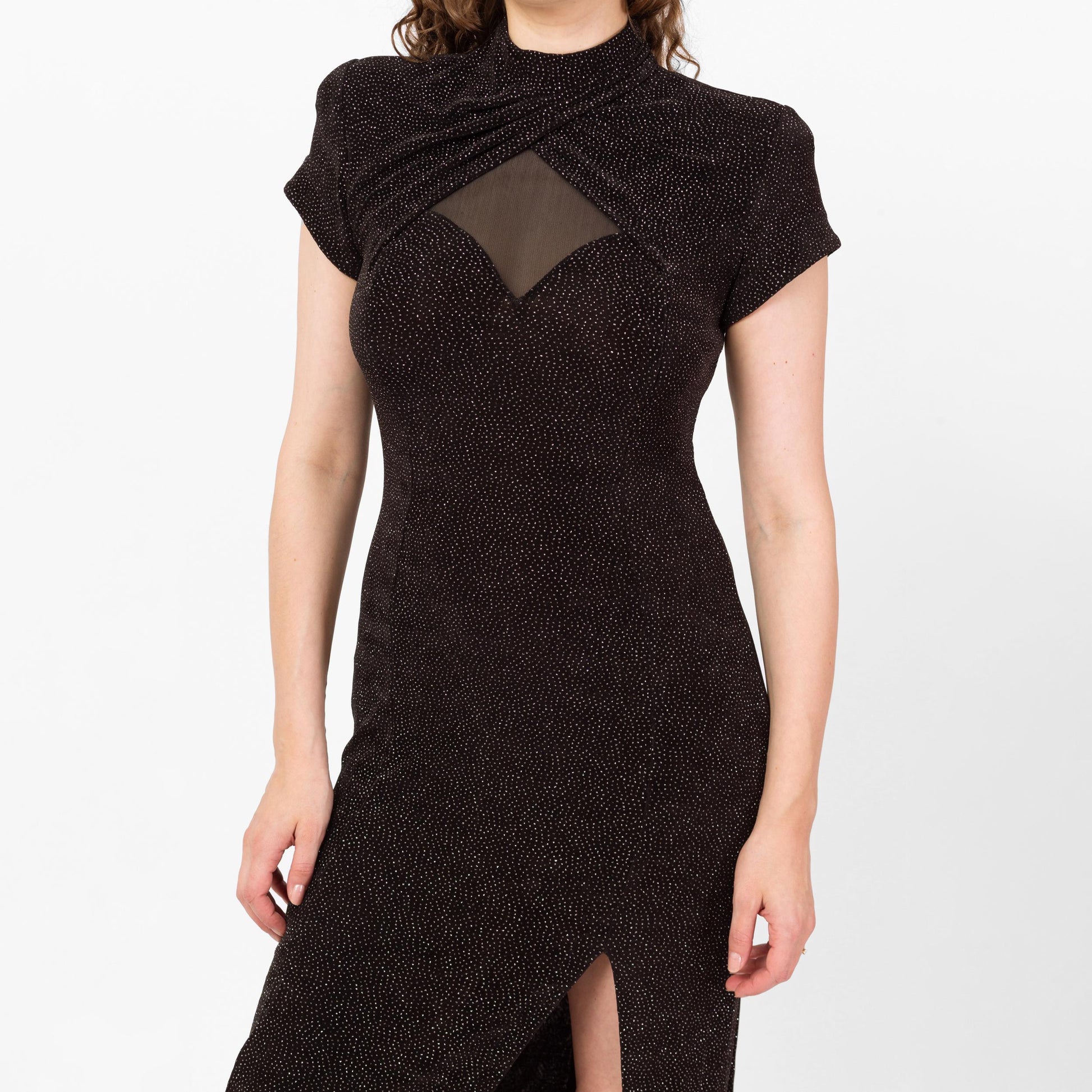 Vintage 90s Sparkle Mesh Cut Out Maxi Dress - Medium | Black Silver High Thigh Slit Sheer Back Cocktail Party Dress