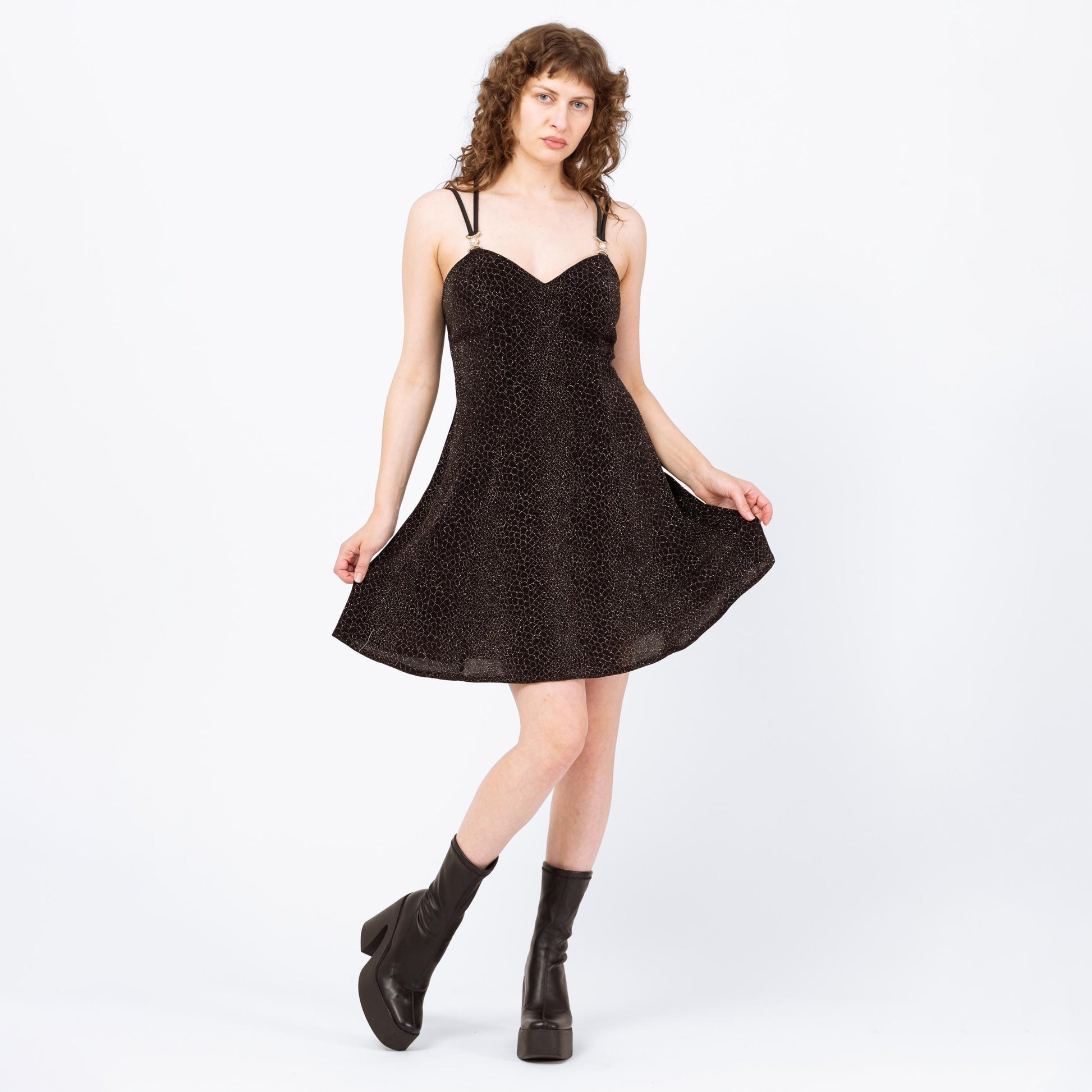 Vintage 90s Black Snakeskin Sparkle Strappy Cross Back Mini Dress - Medium | Bari Jay Backless Fit & Flare Jeweled Trim Party Dress
