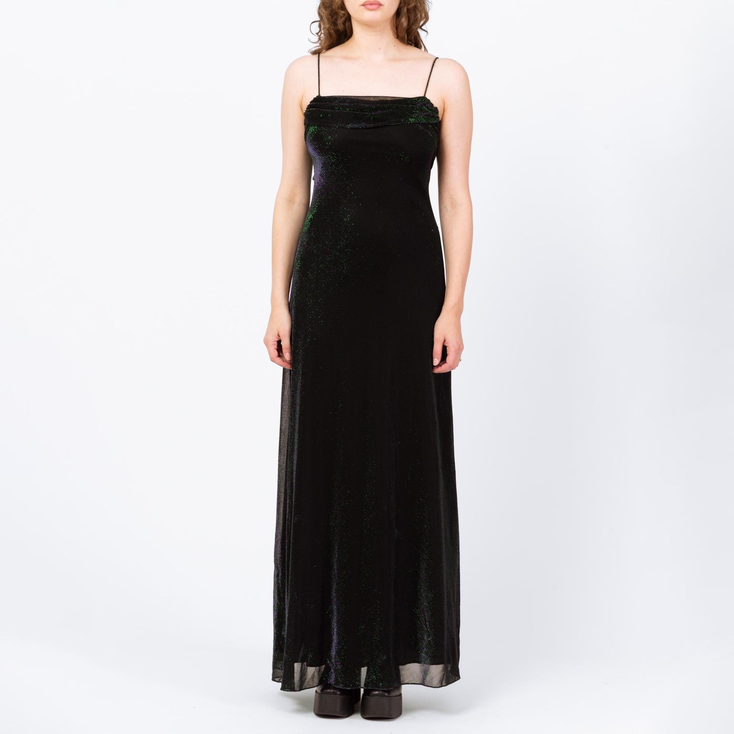 Vintage 90s Iridescent Black Green & Purple Gown - Medium | Slinky Formal Maxi Dress, Y2K Gothic Prom Dress